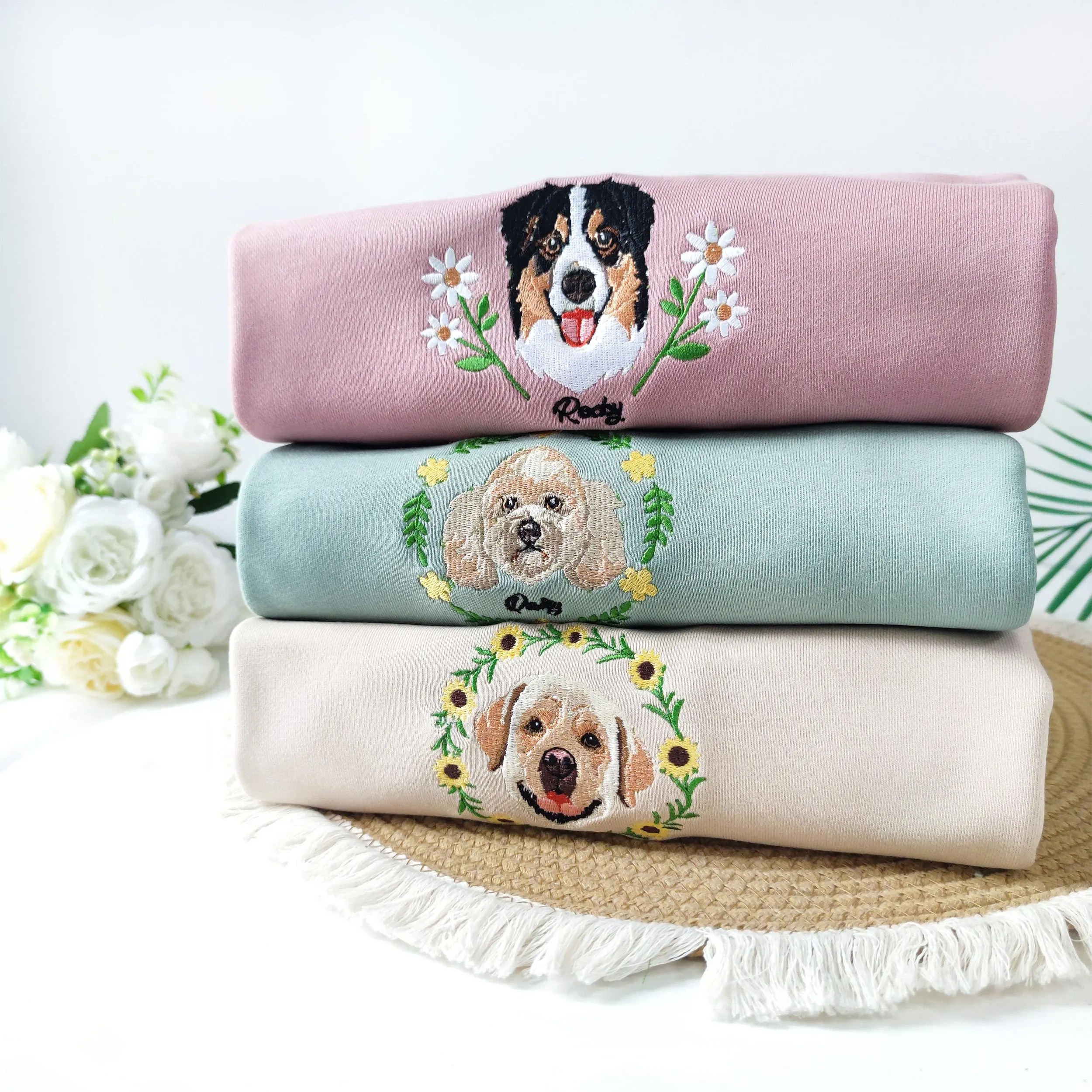 Custom Dog Face Flower Embroidered Sweatshirt-Gift For Custom