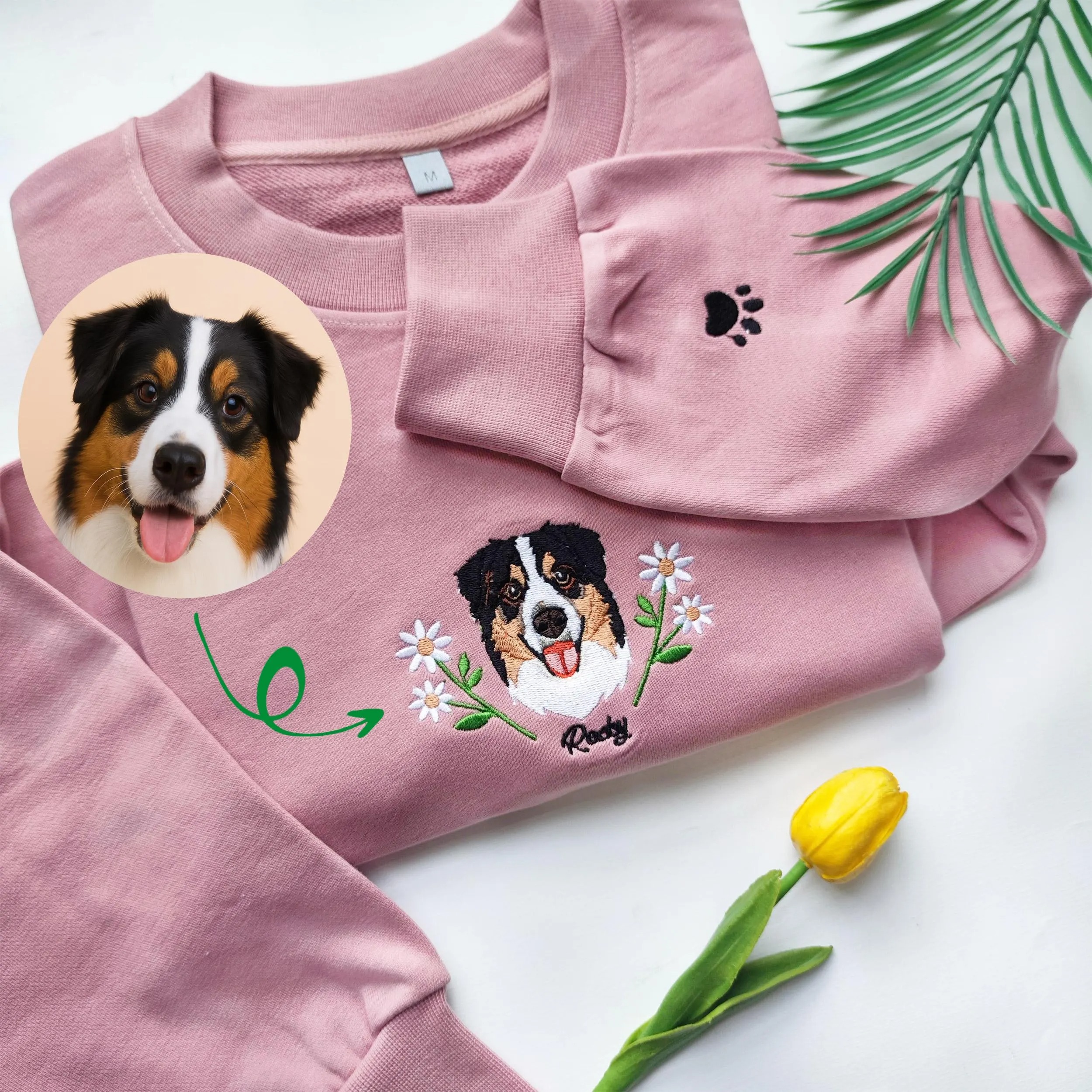 Custom Dog Face Flower Embroidered Sweatshirt-Gift For Custom