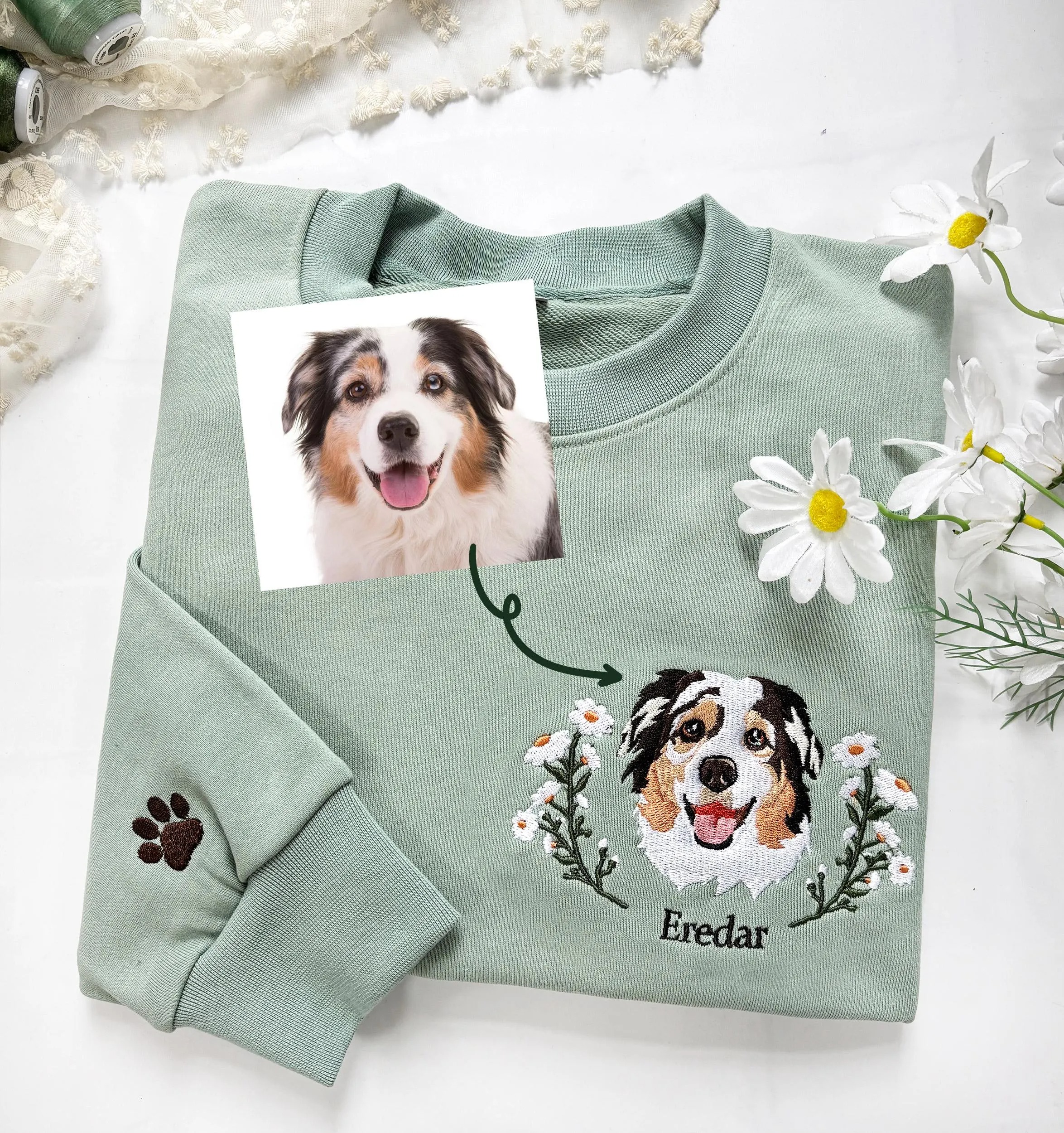 Custom Dog Face Flower Embroidered Sweatshirt-Gift For Custom