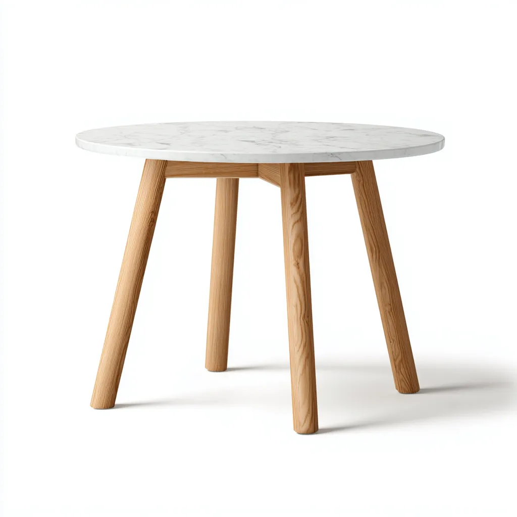 Table de jardin ronde en bois et plateau effet marbre 100x100x75 cm - blanc et bois naturel - surface extérieure - style contemporain-Rasaostudio