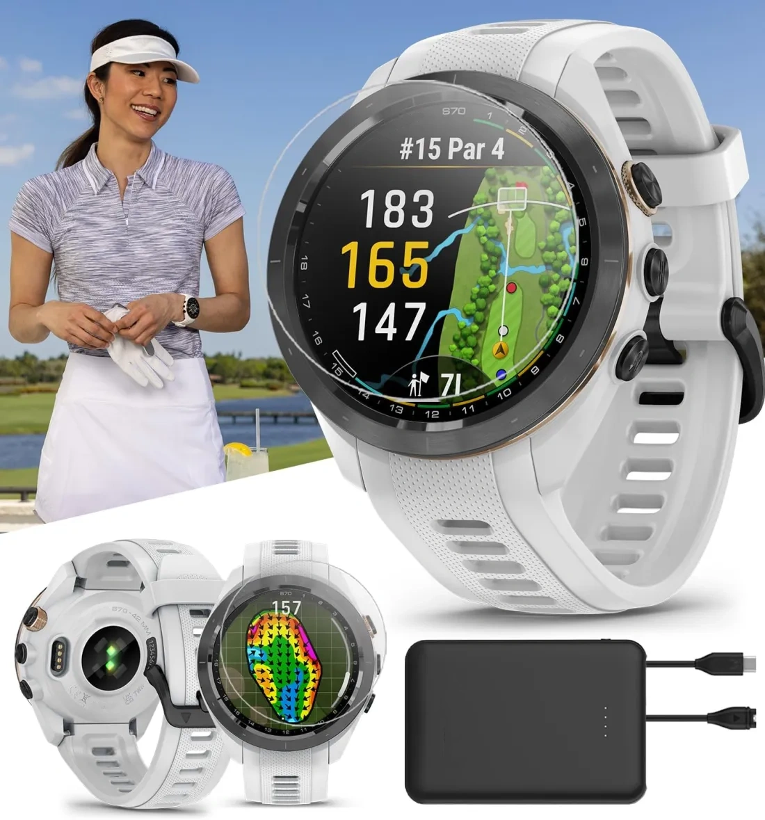 ⛳S70 (White, 42mm) Golf GPS Watch Bundle
