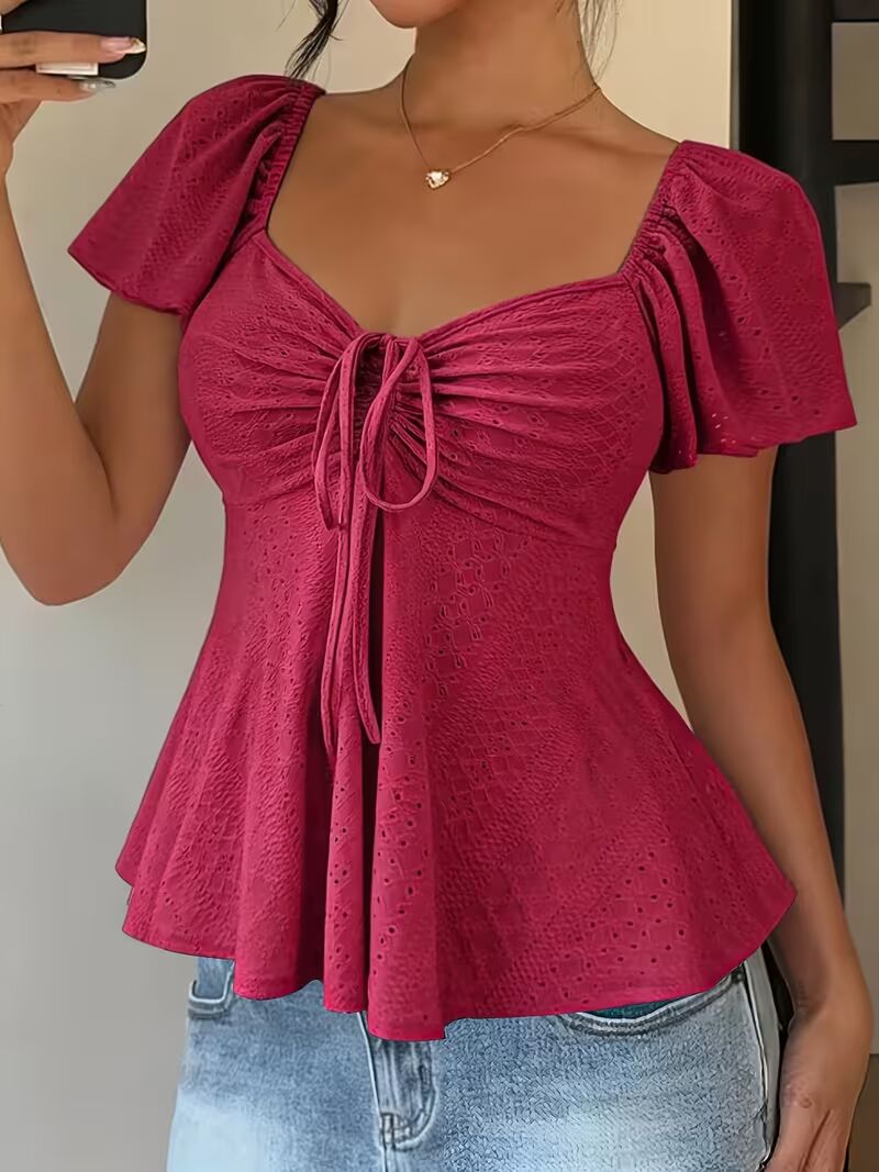 [Spring/Summer] Fashionable and Elegant New Arrival Y2K Solid Color Jacquard Comfortable and Breathable V-Neck Drawstring Short Sleeve Top Womens T-Shirt
