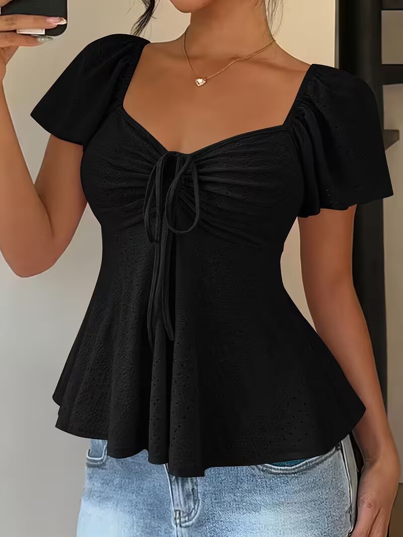 [Spring/Summer] Fashionable and Elegant New Arrival Y2K Solid Color Jacquard Comfortable and Breathable V-Neck Drawstring Short Sleeve Top Womens T-Shirt