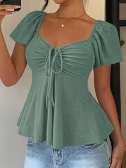 [Spring/Summer] Fashionable and Elegant New Arrival Y2K Solid Color Jacquard Comfortable and Breathable V-Neck Drawstring Short Sleeve Top Womens T-Shirt