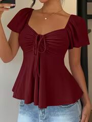 [Spring/Summer] Fashionable and Elegant New Arrival Y2K Solid Color Jacquard Comfortable and Breathable V-Neck Drawstring Short Sleeve Top Womens T-Shirt