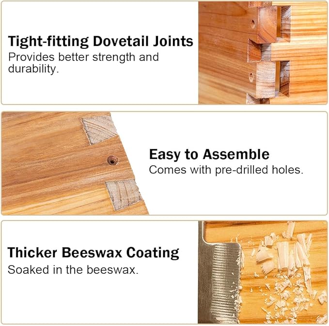 10 Frame Langstroth Bee HiveCoated with Beeswax Includes BeehiveFrames and Waxed Foundations (2 Deep Boxes & 1 Medium Box)