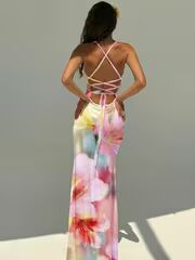 Boho Printed Backless Tie-Up Skirt Set