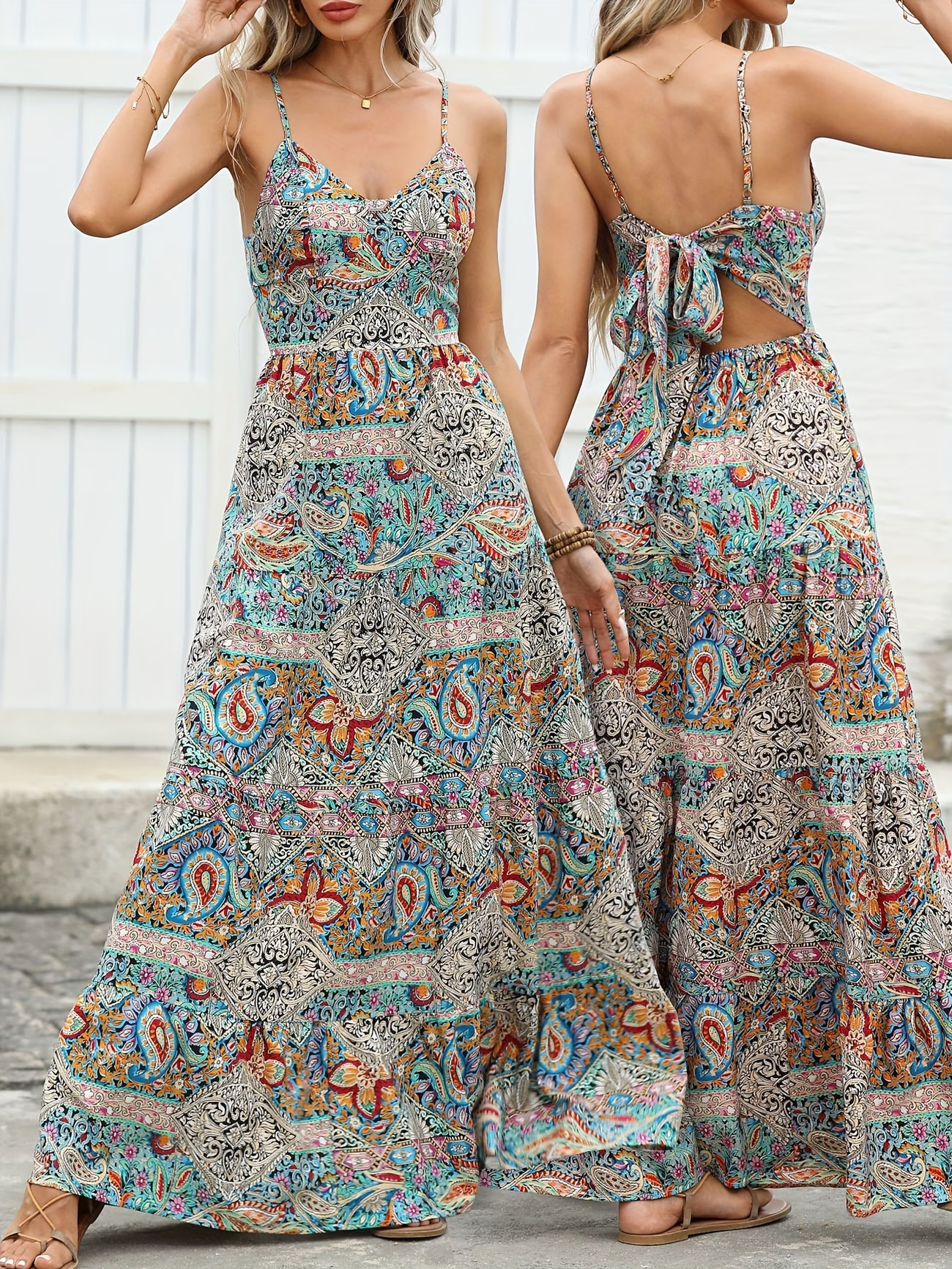Women’s Summer V-Neck Paisley Floral Maxi Dress, Backless Bow Tie Elegant Party Long Dress
