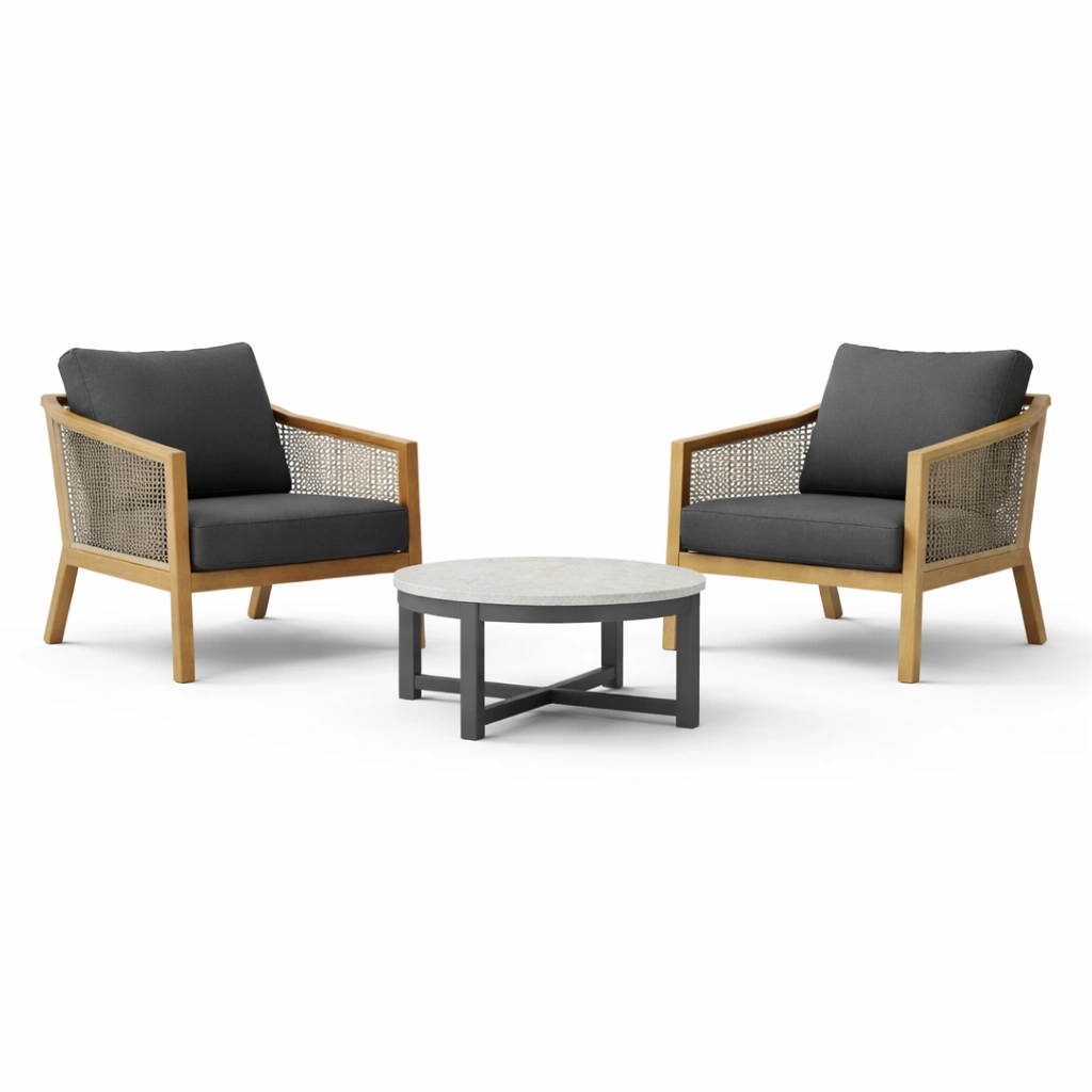 Set da giardino con poltrone in legno teak e tavolino in cemento-R Oomdira
