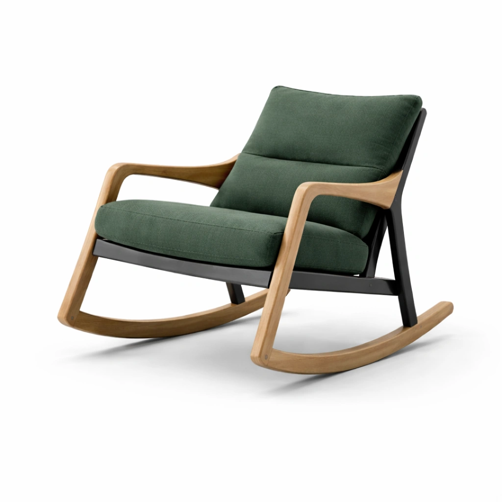 Sedia a dondolo in legno e tessuto verde scuro-R Oomdira
