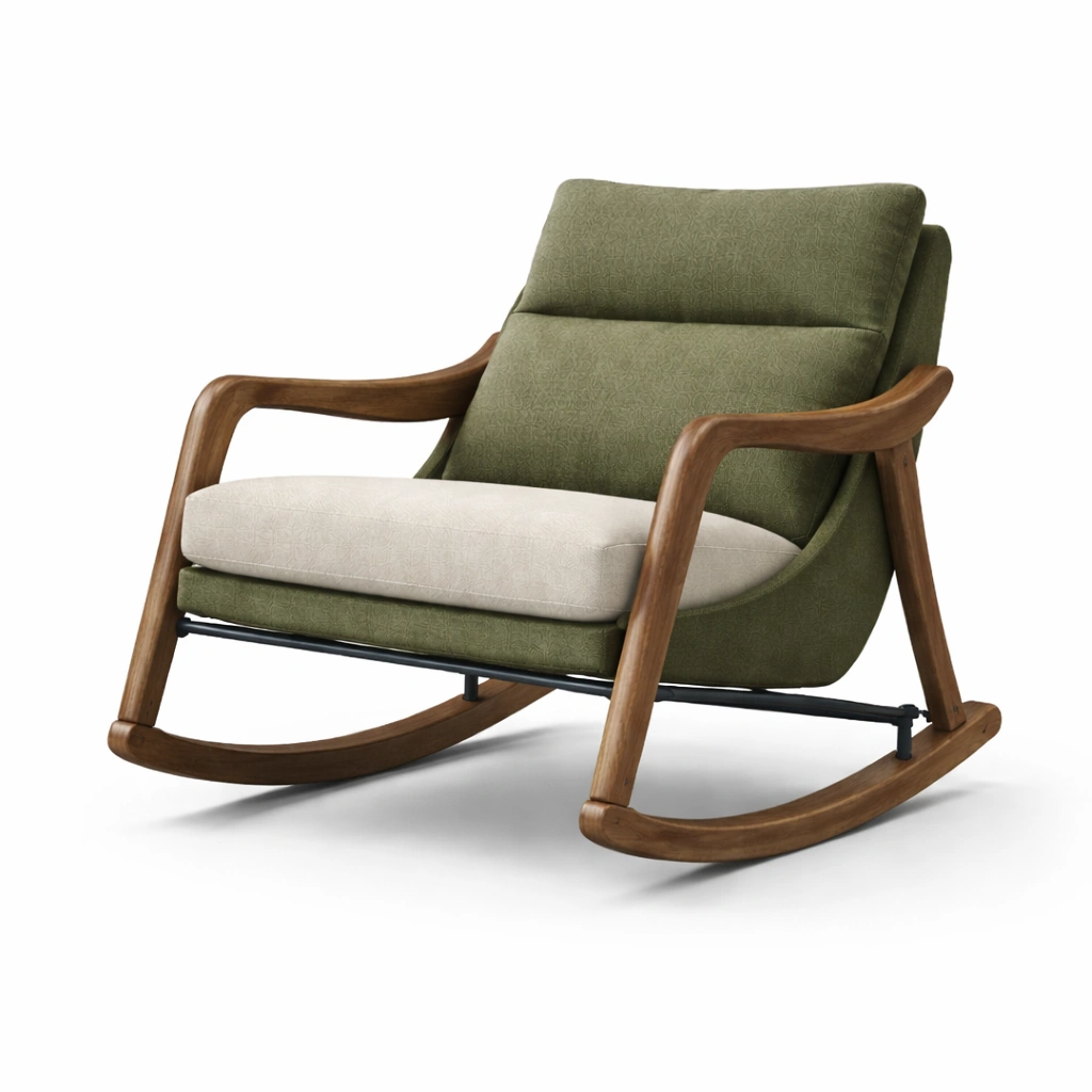 Sedia a dondolo in legno e tessuto verde beige-R Oomdira