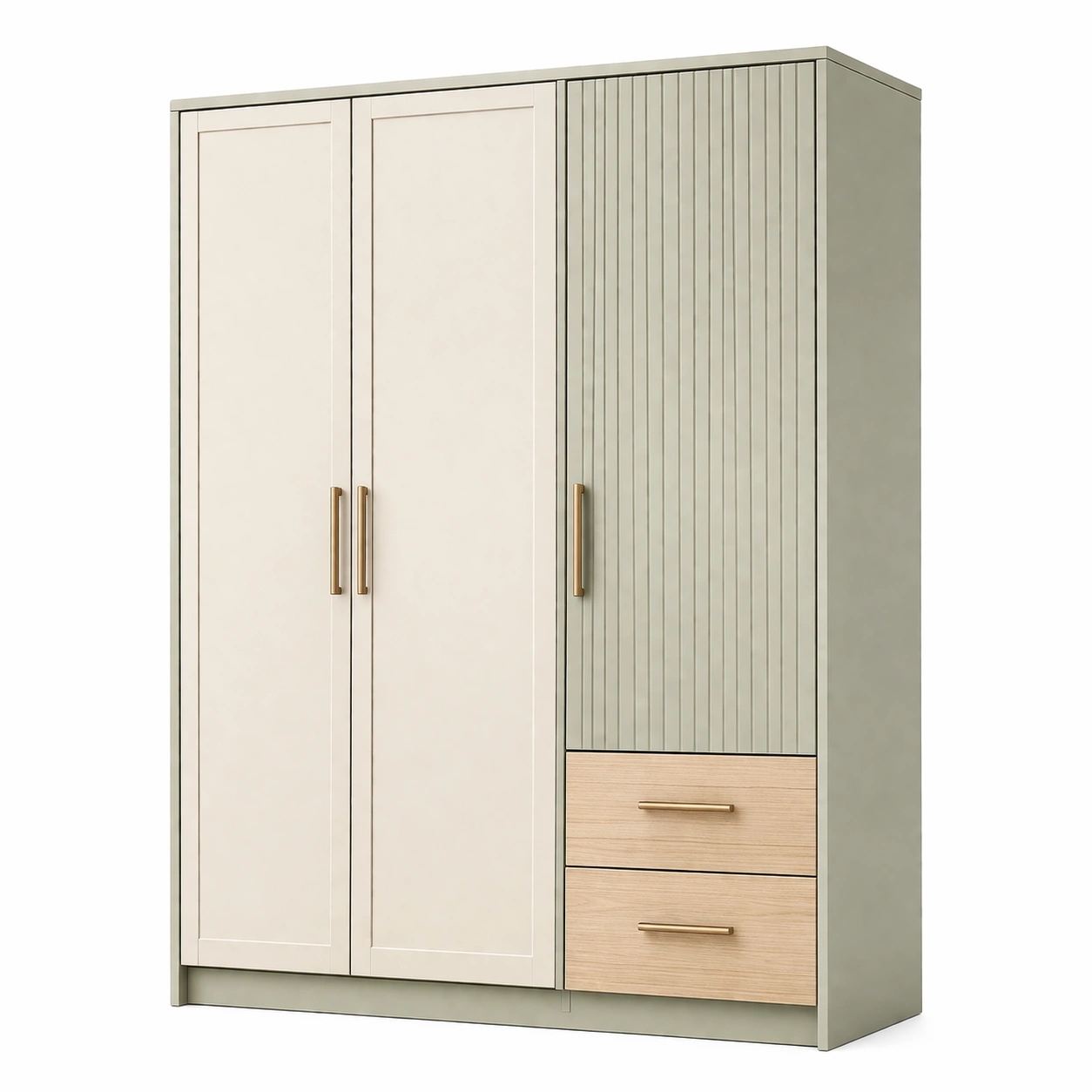 Armadio in mdf con maniglie in metallo e cassetti beige e verde-R Oomdira