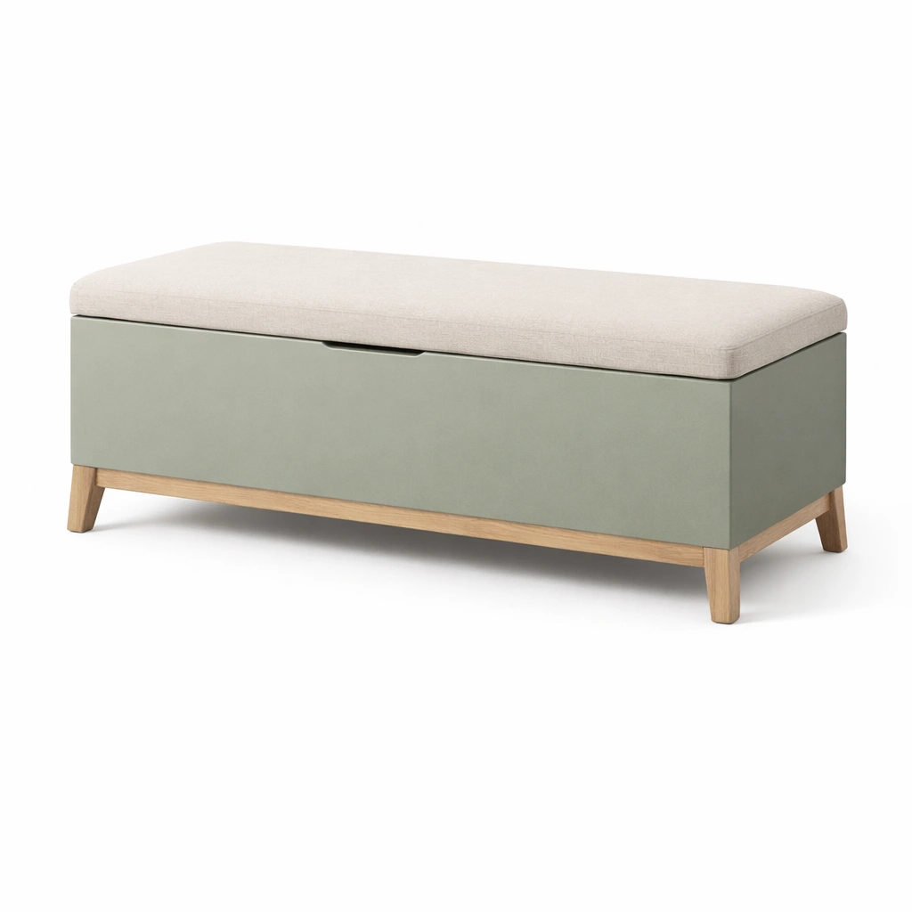 Panca contenitore in tessuto beige e legno mdf con gambe in legno massello-R Oomdira