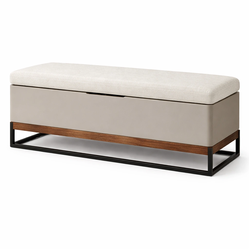 Panca contenitore in tessuto beige con base in metallo e legno-R Oomdira