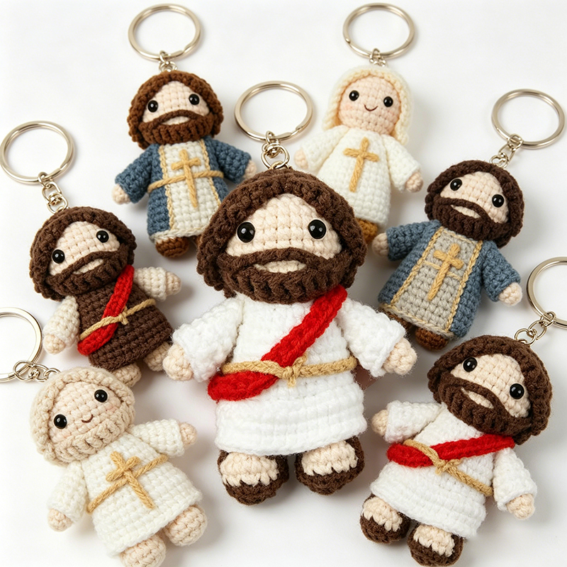 Handmade Crochet Jesus Keychain, Religious Christian Gift, Cute Knitted Doll Pendant for Key Bag Backpack Decor