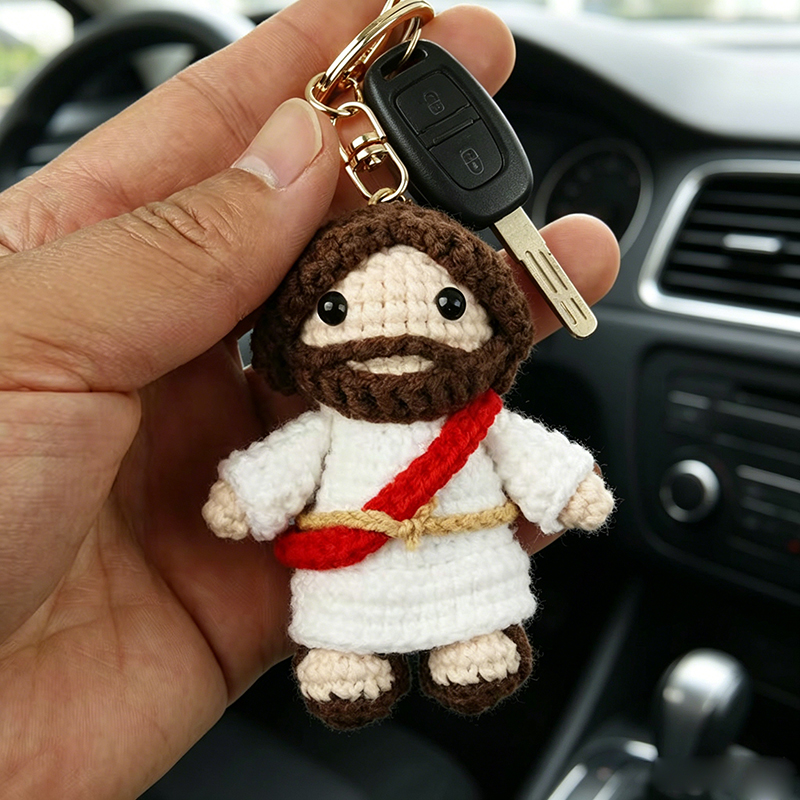 Handmade Crochet Jesus Keychain, Religious Christian Gift, Cute Knitted Doll Pendant for Key Bag Backpack Decor