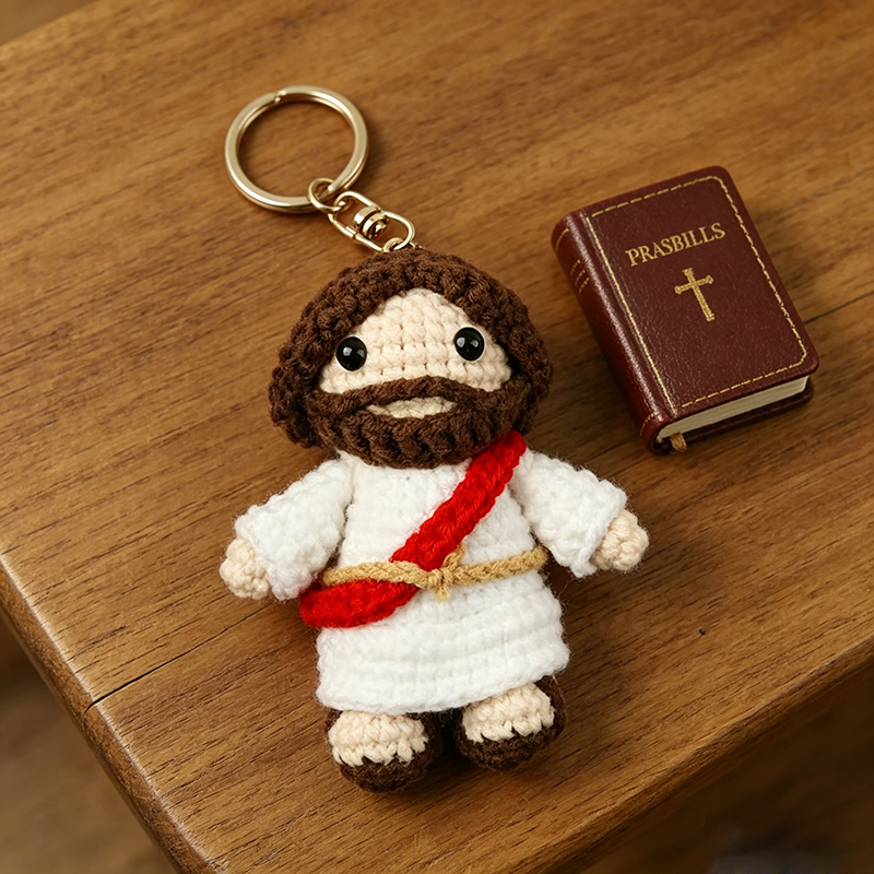 Handmade Crochet Jesus Keychain, Religious Christian Gift, Cute Knitted Doll Pendant for Key Bag Backpack Decor