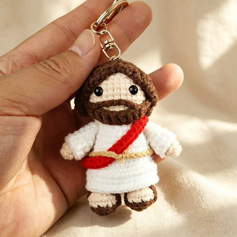 Handmade Crochet Jesus Keychain, Religious Christian Gift, Cute Knitted Doll Pendant for Key Bag Backpack Decor
