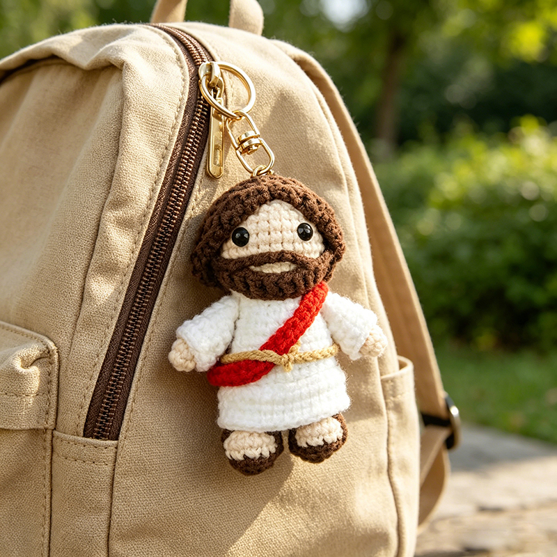 Handmade Crochet Jesus Keychain, Religious Christian Gift, Cute Knitted Doll Pendant for Key Bag Backpack Decor