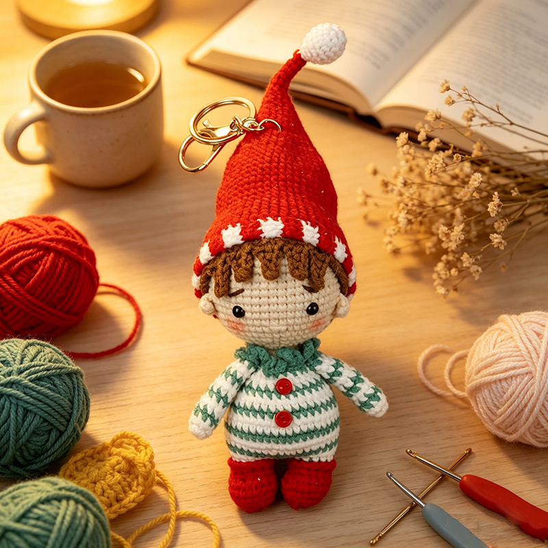 Handmade Crochet Elf Boy Keychain, Cute Knitted Gnome Doll Pendant, Christmas Holiday Decor Charm, Unique Handcrafted Gift for Kids Women Bag Backpack Keyring