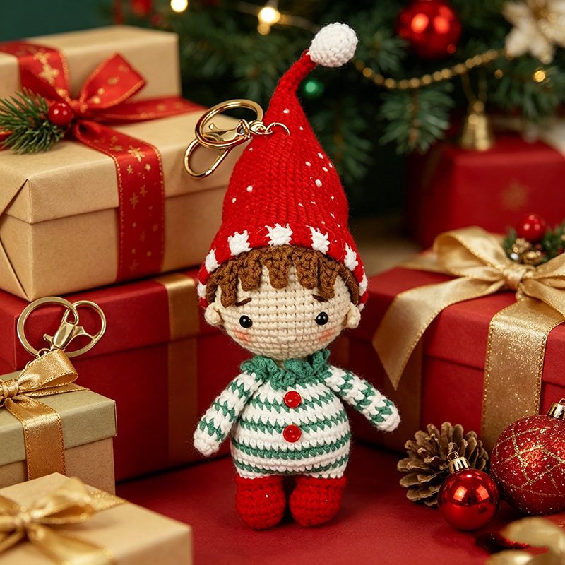 Handmade Crochet Elf Boy Keychain, Cute Knitted Gnome Doll Pendant, Christmas Holiday Decor Charm, Unique Handcrafted Gift for Kids Women Bag Backpack Keyring