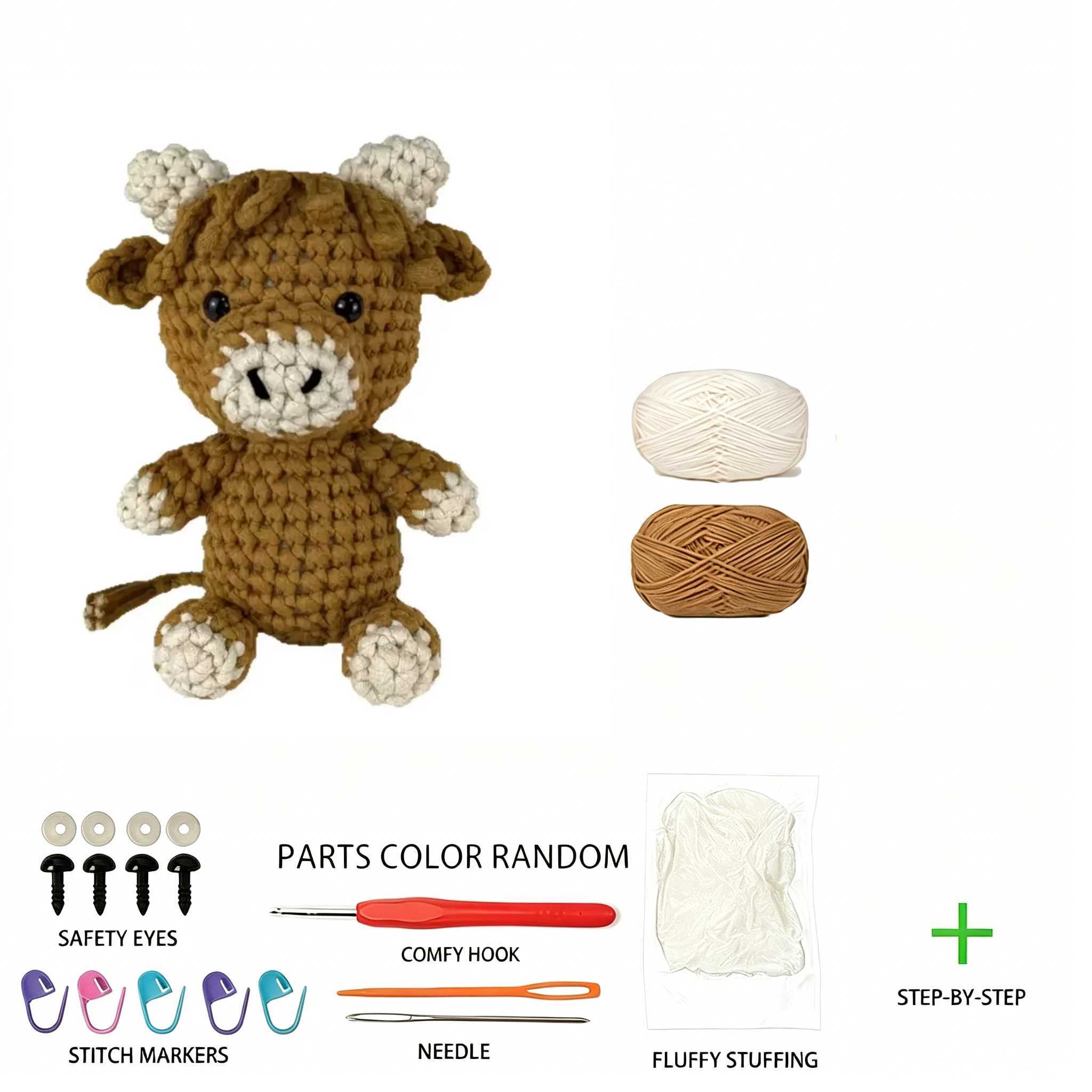 Cute Brown Cow Crochet Plush Kit for Beginners | DIY Amigurumi Stuffed Animal Set with Yarn, Hook & Step-by-Step Tutorial | Sweet Handmade Gift for Farm Lovers