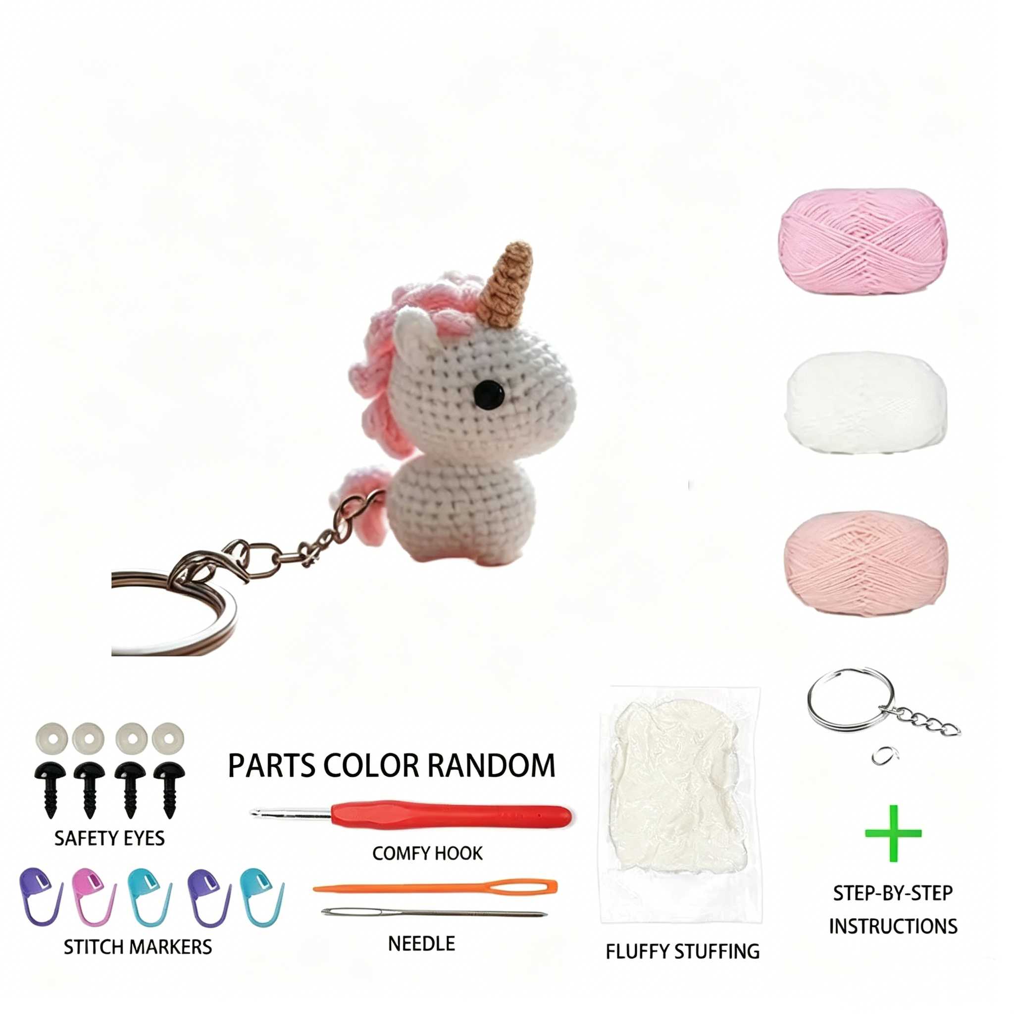 Beginner Friendly Unicorn Keychain Crochet Kit, Cute Mini Unicorn Amigurumi Crochet Starter Kit with Yarn, Hook, Needle & Accessories, Complete DIY Craft Set with Tutorial for Adults & Kids, Perfect Bag Charm & Handmade Gift