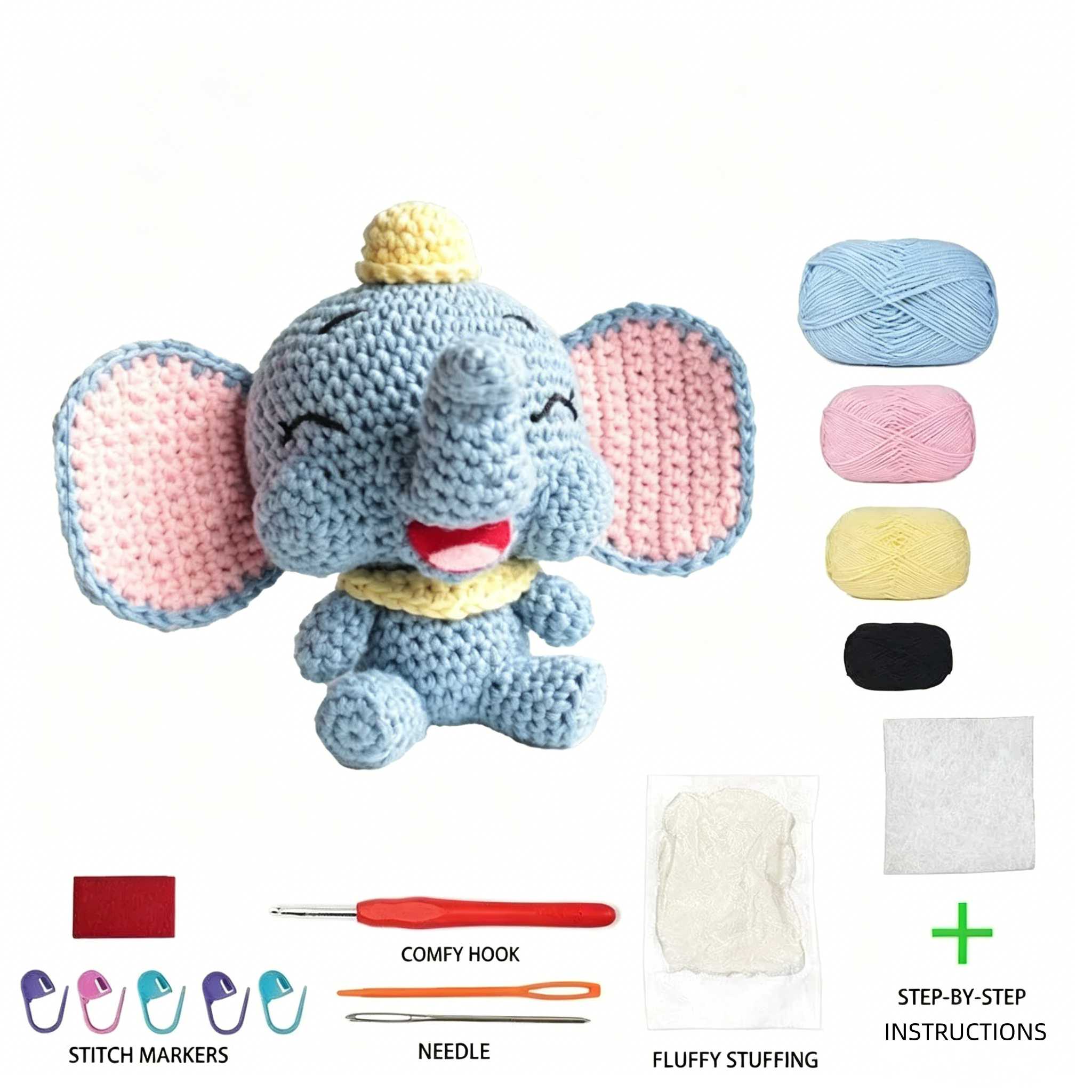 1pc Cute Dumbo Elephant Crochet Kit for Beginners, Complete Amigurumi Animal Doll Plush Craft Set with All Materials & Step-by-Step Instructions, Handmade Knitted Blue Elephant with Big Ears & Hat, Perfect Gift for Kids, Home Decor-Hookcrafted
