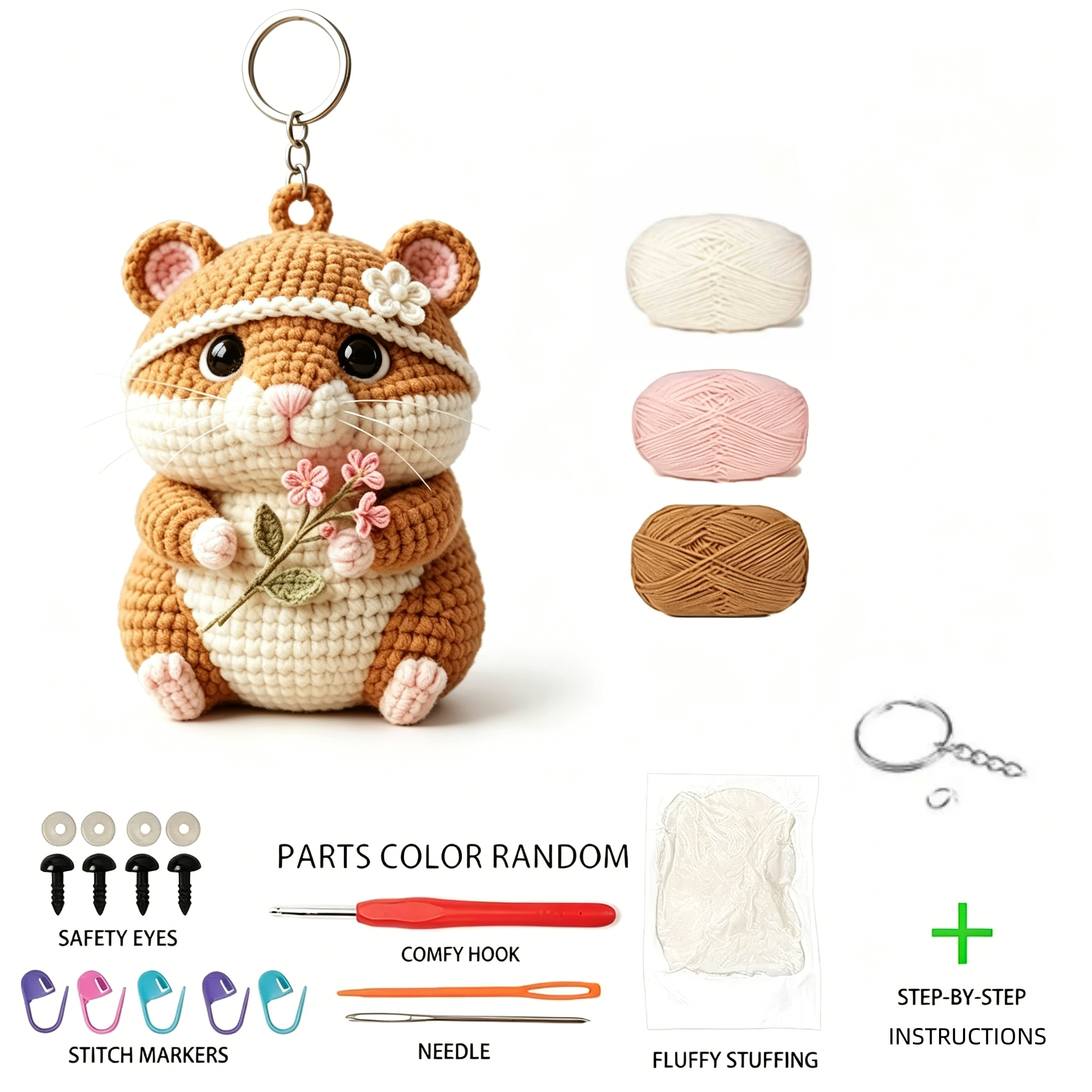 Beginner - Friendly Hamster Crochet Kit, Amigurumi/DIY Material Pack.The Pack Contains Crocheting Items And An English - Language Basic Crochet Tutorial Manual with Step - By - Step Instructions.It Can Be Used to Make Keychains, As Decorative-Hookcrafted