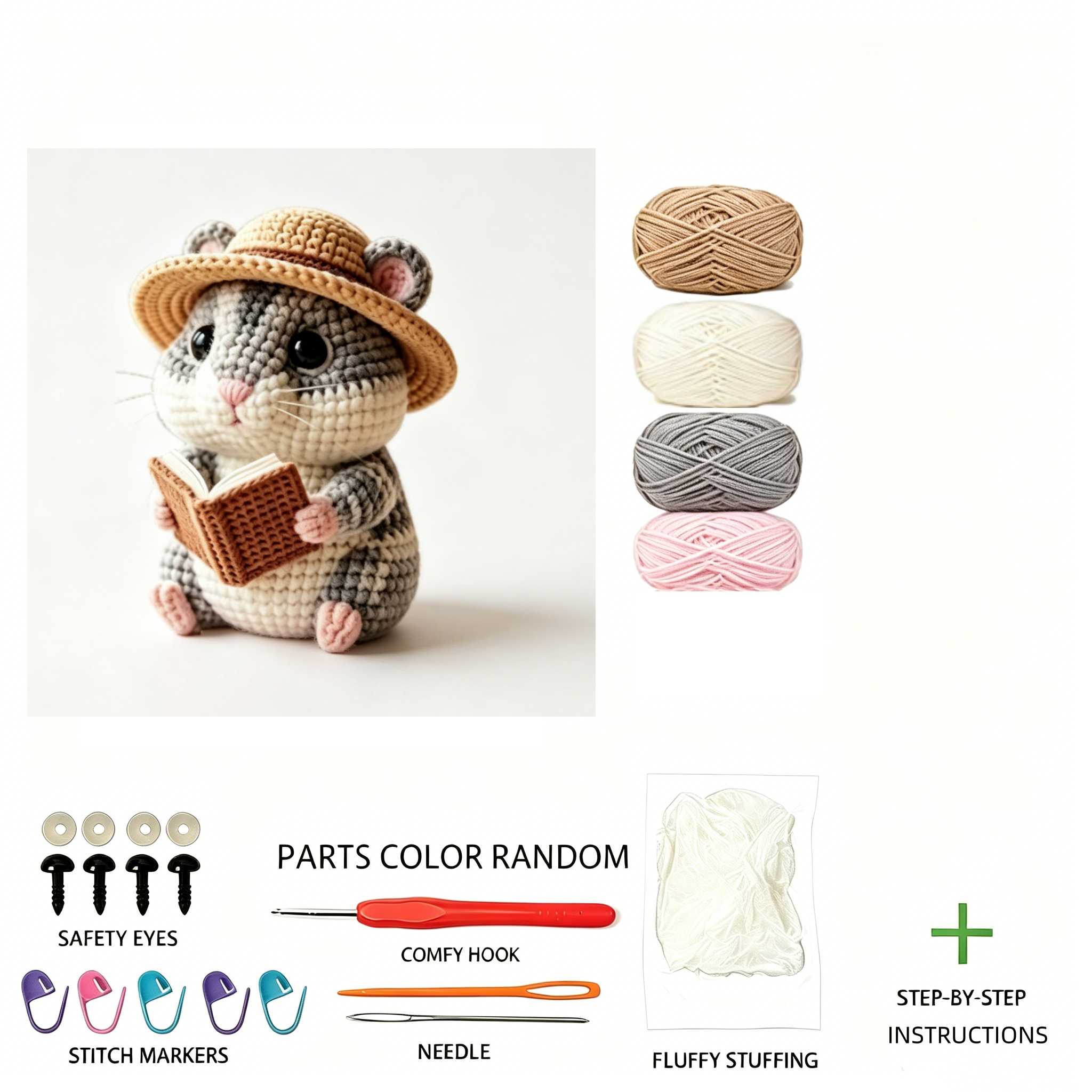 Adorable Hamster Crochet Kit, Full Amigurumi Pet Doll Craft Set with All Supplies: Soft Yarn, Hook, Safety Eyes, Fluffy Stuffing & Tutorial, Handmade Knitted Hamster Plush with Book/Flower/Pirate Style, Great Gift for Animal Lovers, Home Decor