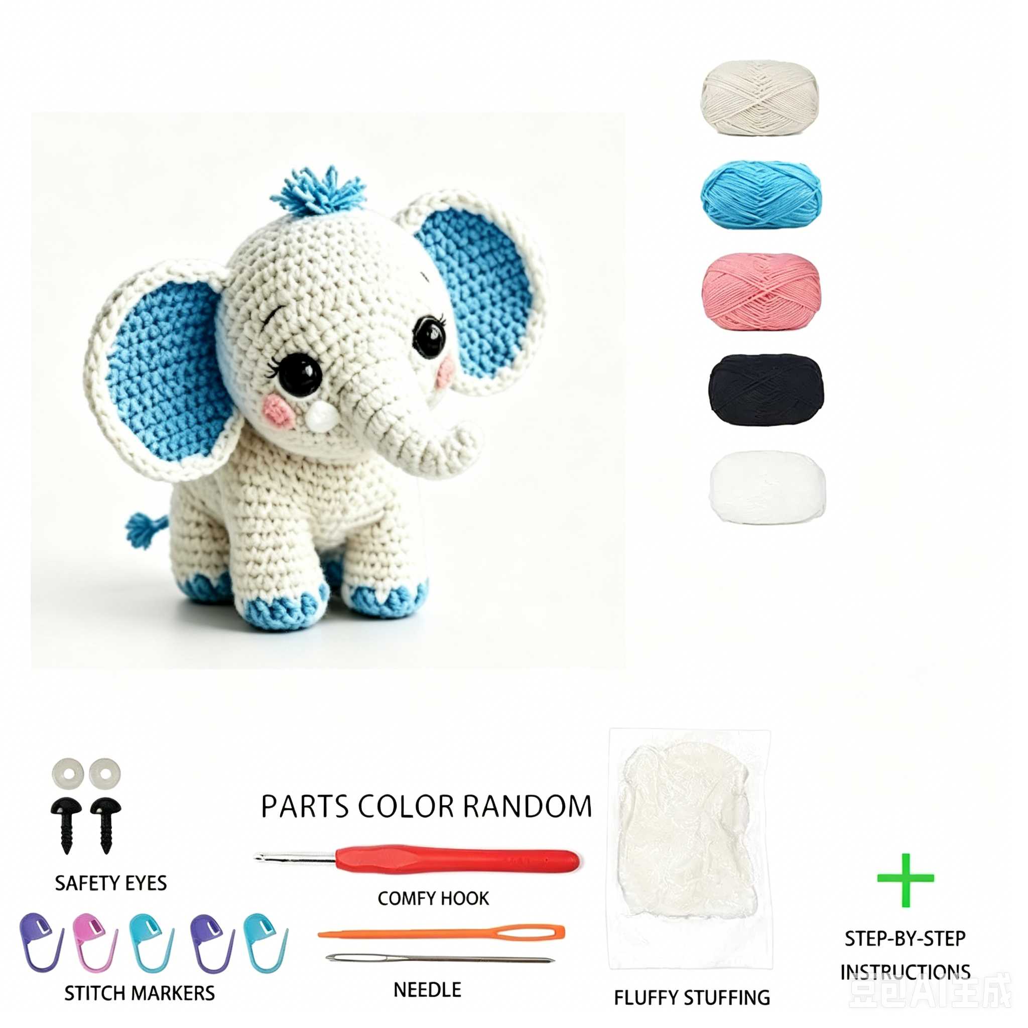 1pc Cute Elephant Crochet Kit for Beginners, Complete Amigurumi Set with Yarn, Tools And Tutorial, Handmade Knitted White And Blue Elephant Plush, Perfect Gift for Kids And Adults, Easy to Start Crochet Project for Craft Lovers-Hookcrafted