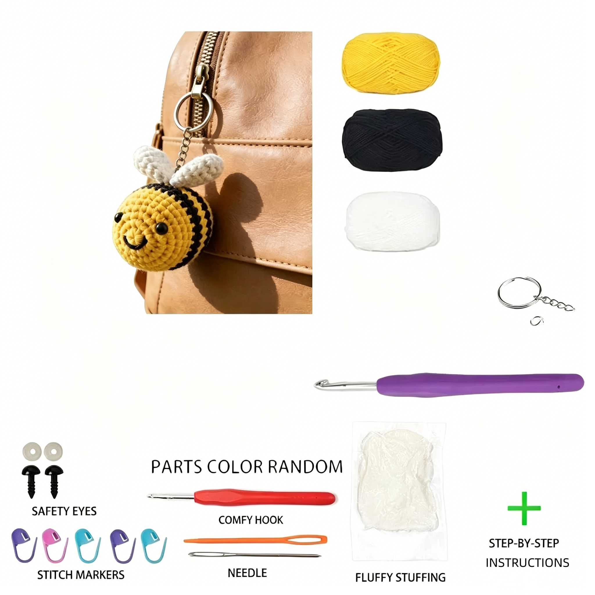 Beginner Friendly Bee Keychain Crochet Kit, Cute Mini Bee Amigurumi Crochet Starter Kit with Yarn, Hook, Needle & Accessories, Complete DIY Craft Set with Tutorial for Adults & Kids, Perfect Bag Charm & Handmade Gift