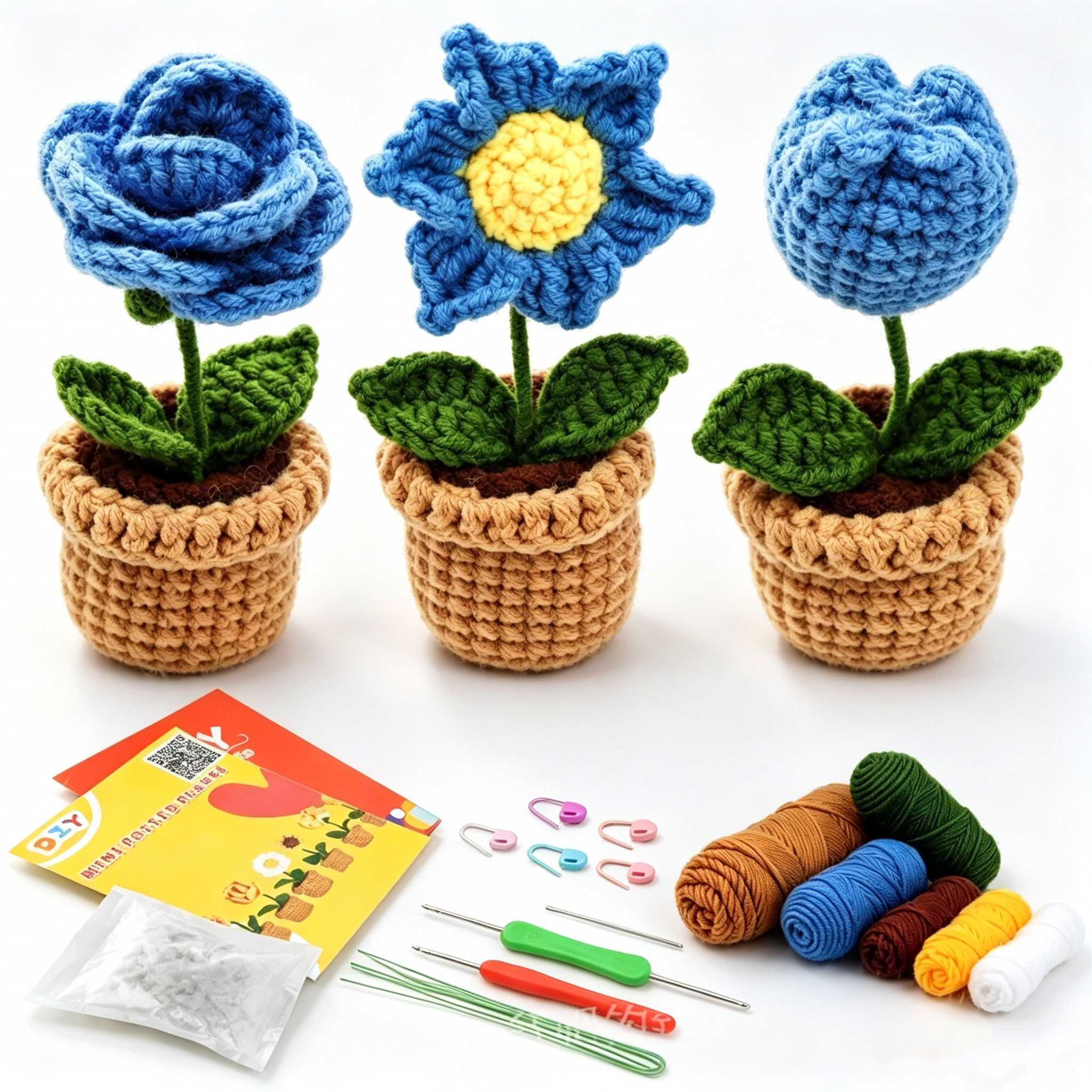 3Pcs Little Blue Flowers Beginner Crochet Kit| DIY Amigurumi Potted Plant Set with Yarn, Hook & Step-by-Step Tutorial | Cute Handmade Gift for Plant Lovers