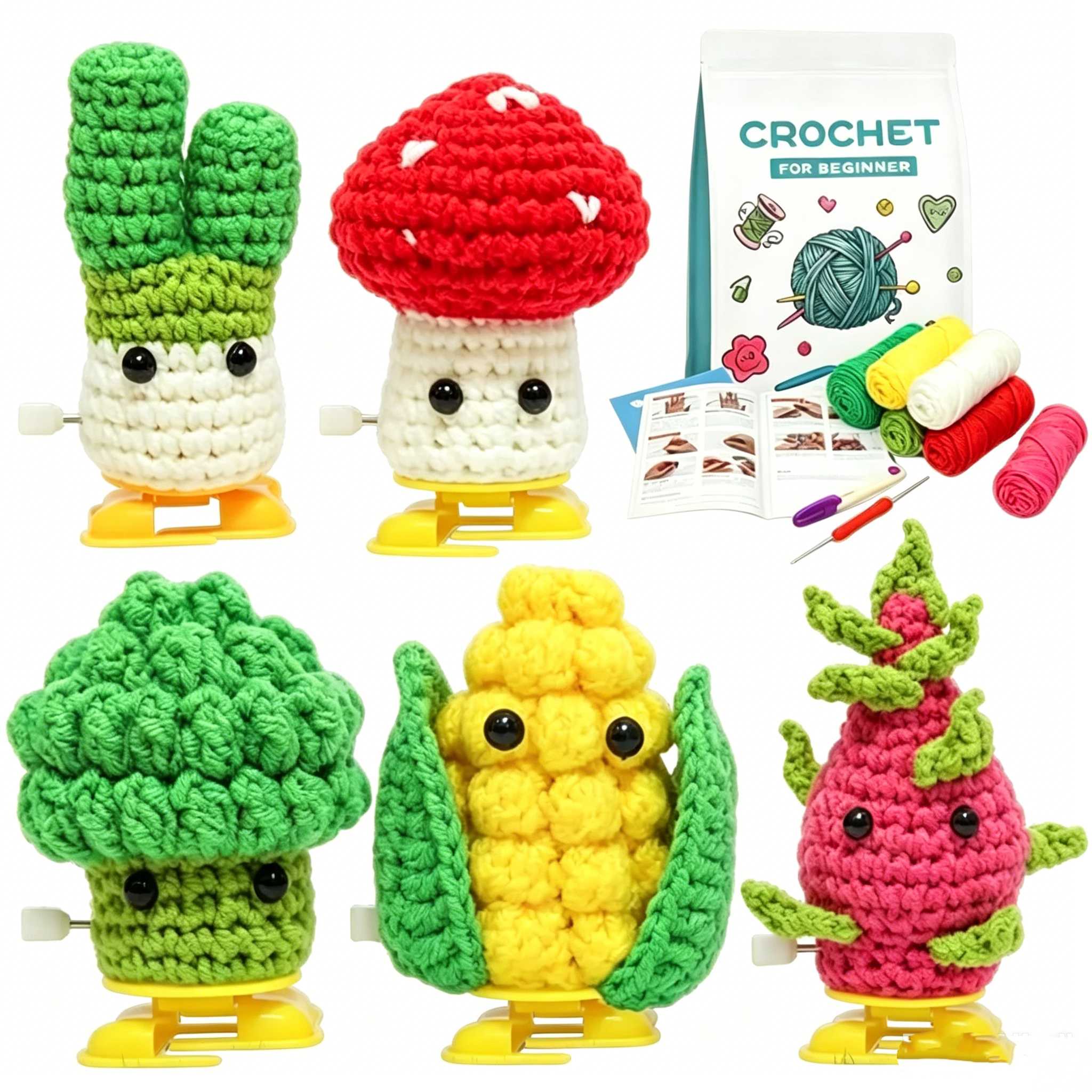 5Pcs Walking Base Succulent Plants Beginner Crochet Kit | DIY Amigurumi Wind-Up Toy Set with Yarn, Hook & Step-by-Step Tutorial | Cute Handmade Gift for Kids & Craft Lovers