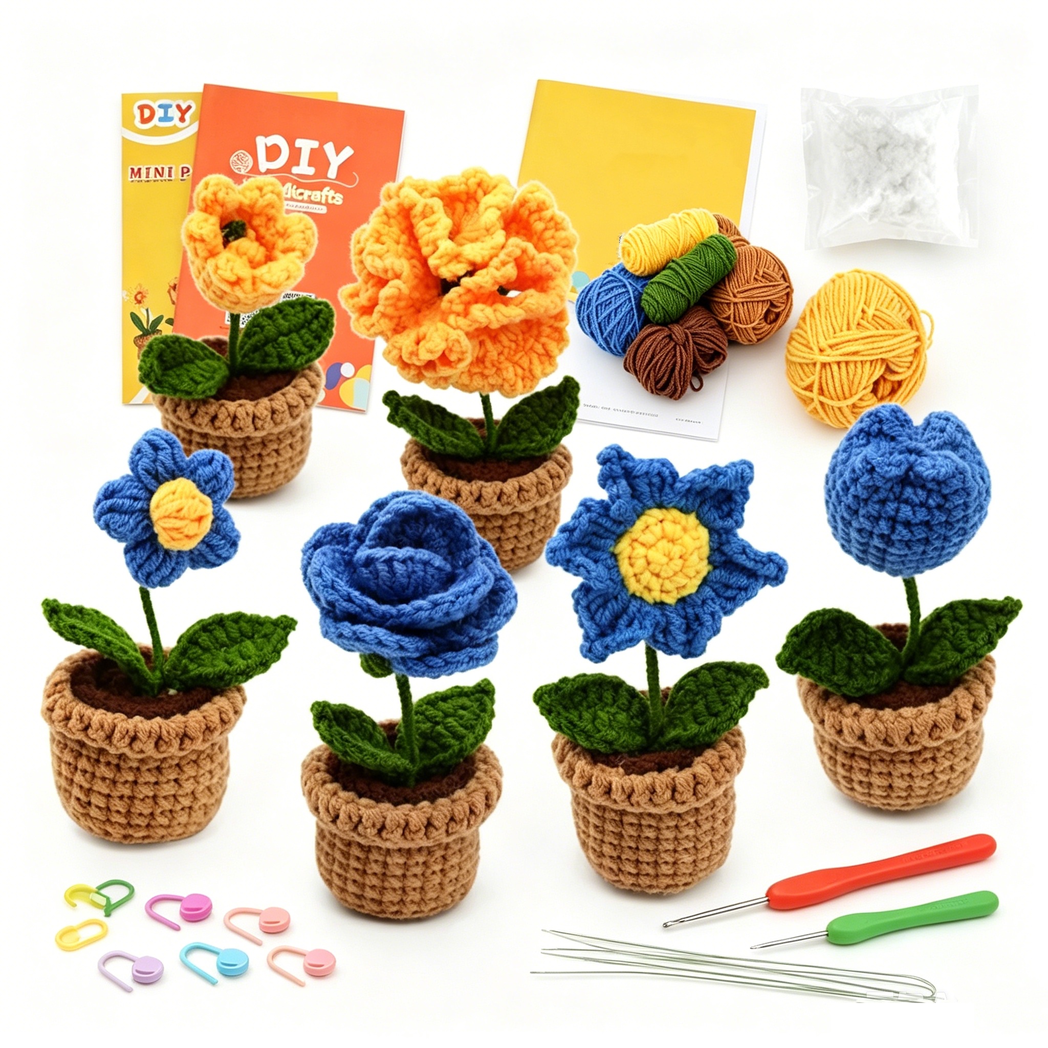 6pcs Mini Flower Pot Crochet Kit for Beginners | DIY Amigurumi Potted Plant Set with Yarn, Hook & Step-by-Step Tutorial | Cute Handmade Gift for Plant Lovers