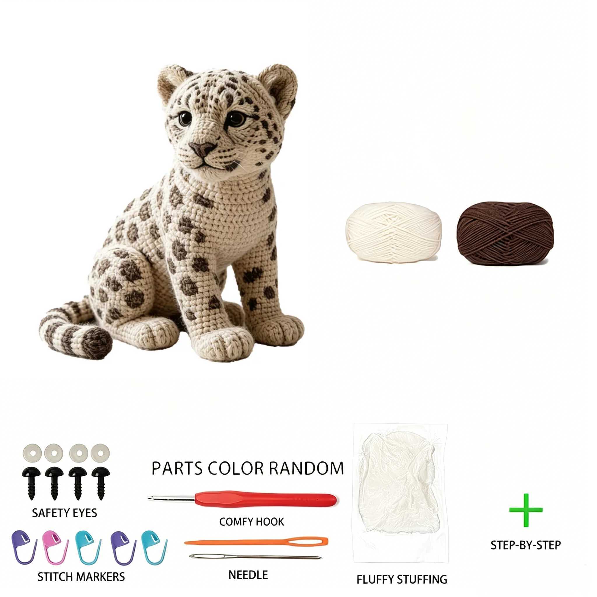 Snow Leopard Crochet Kit for Beginners | DIY Amigurumi Set with Yarn, Hook & Video Tutorial | Handmade Plush Animal Gift Hookcrafted-Hookcrafted