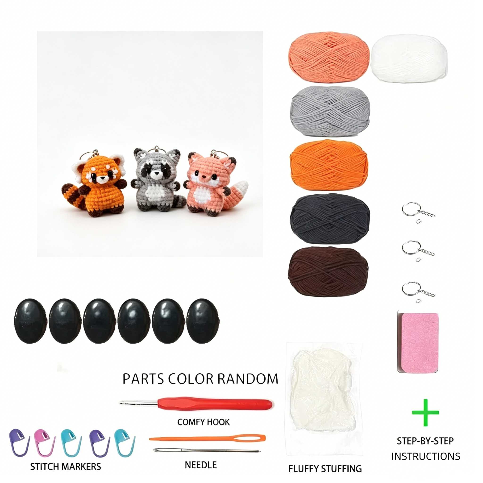 Beginner Friendly 3PCS Forest Animals Crochet Kit, Mini Red Panda, Raccoon & Fox Keychain Amigurumi Crochet Starter Kit with All Yarn, Hook, Needle & Accessories, Complete DIY Craft Set with Tutorial for Adults & Kids, Perfect Bag Charm & Handmade Gift