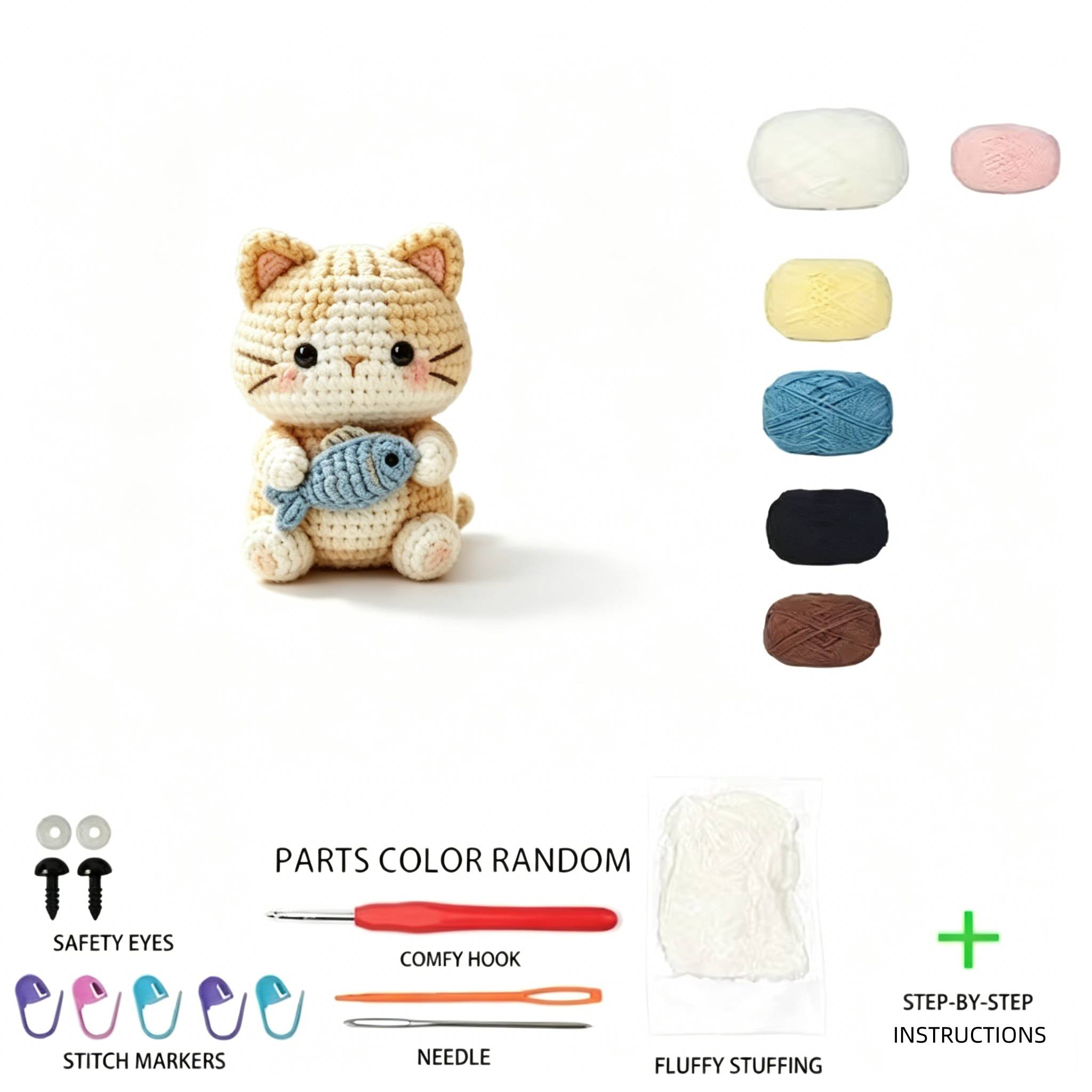 1pc Complete DIY Cat with Fish Crochet Kit Suitable for Beginners, Amigurumi Craft Set with Yarn, Tools & Tutorial - Handmade Orange Kitten Plush, Yarn & Hooked Crochet Project for Kids Adults, Easy Start Gift for Crafters