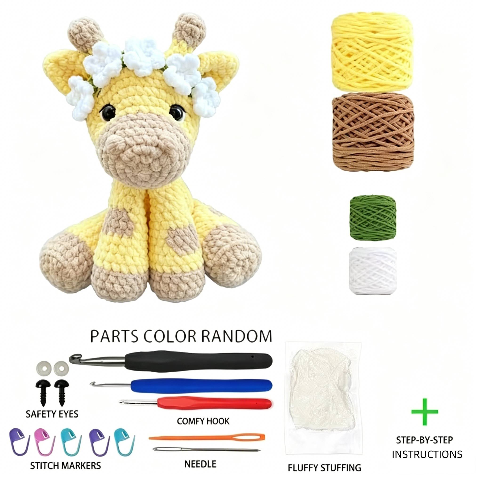 1pc Cute Flower Crown Giraffe Crochet Kit for Beginners, Complete DIY Amigurumi Giraffe Plush Doll Craft Set with All Materials, Yarn, Tools & Tutorial, Handmade Knitted Giraffe with Floral Headband, Perfect Gift for Kids, Safari Lovers, Home Decor