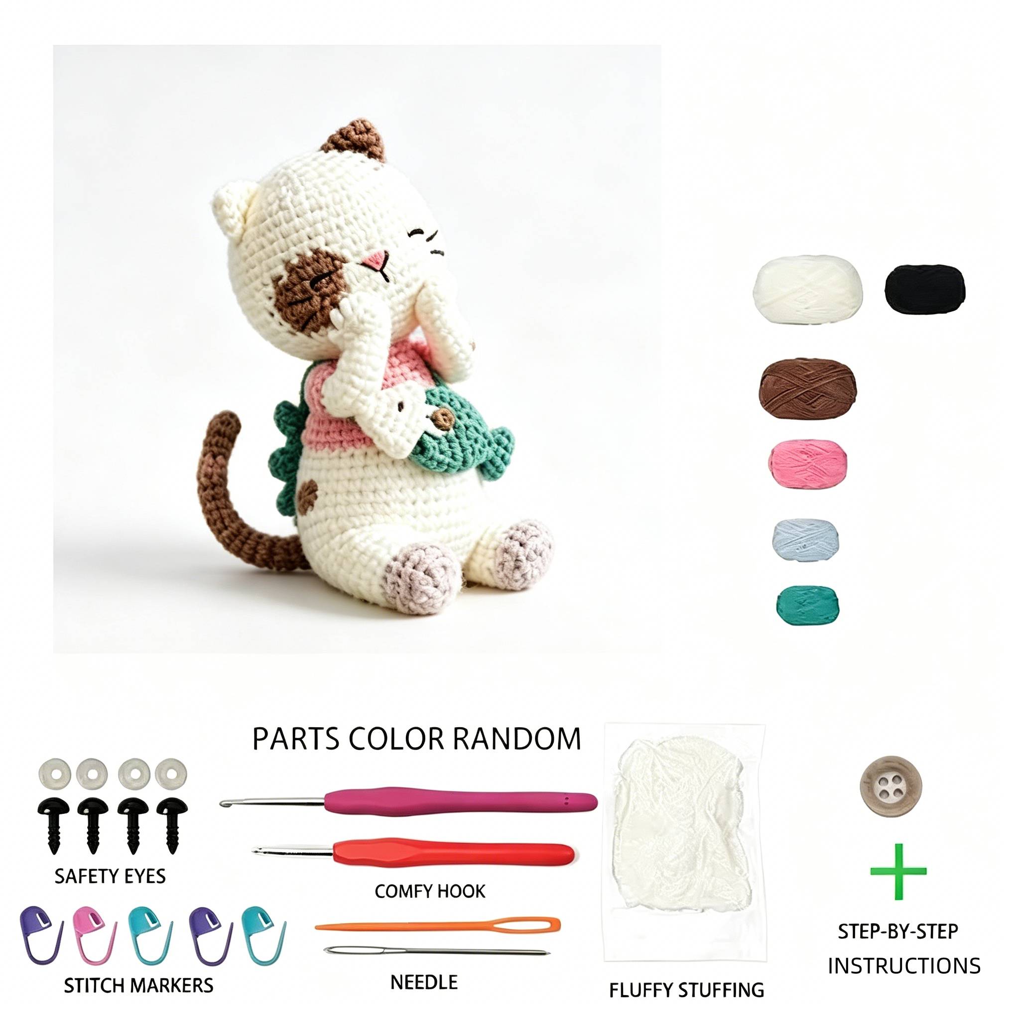 1pc Complete DIY Crochet Amigurumi Kitten Plush Doll Kit Suitable for Beginners with Yarn, Tools & Tutorial - Handmade Cat with Fish Craft, Yarn & Hooked Crochet Project for Adults, Kids, Cat Lovers Gift, Home Decor, Easy Fun Project
