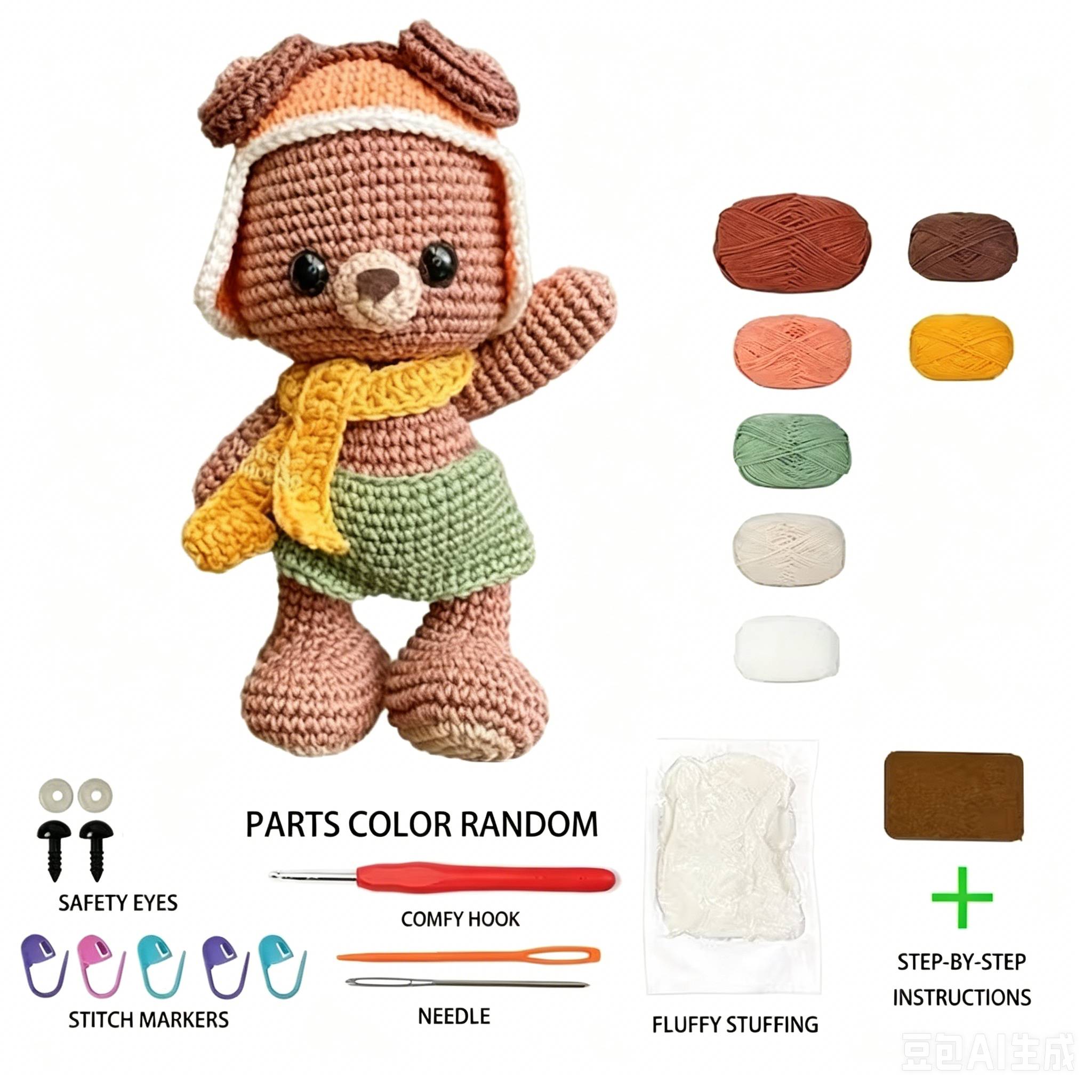 1pc Cute Bear with Hat & Scarf Crochet Kit for Beginners, Complete DIY Amigurumi Teddy Bear Plush Doll Craft Set with All Materials, Yarn, Tools & Step-by-Step Instructions, Handmade Knitted Bear in Green Skirt, Perfect Gift for Kids, Home Decor