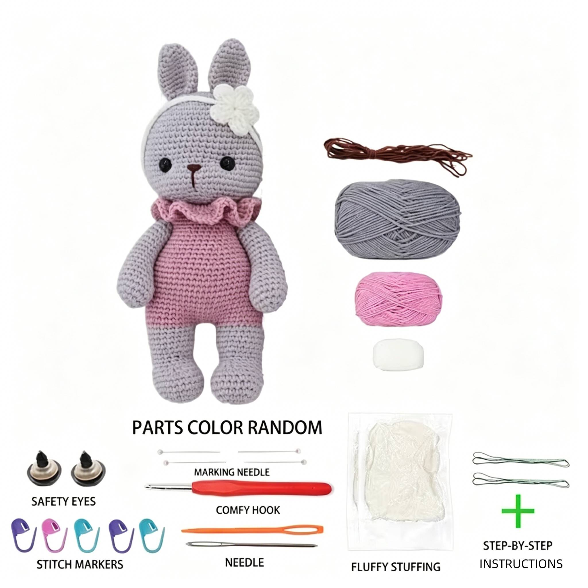 1pc Cute Bunny Crochet Kit for Beginners, Complete Amigurumi Rabbit Plush Doll Craft Set with All Materials, Yarn, Tools & Step-by-Step Instructions, Handmade Knitted Bunny with Flower Headband, Perfect Gift for Kids, Rabbit Lovers, Home Decor