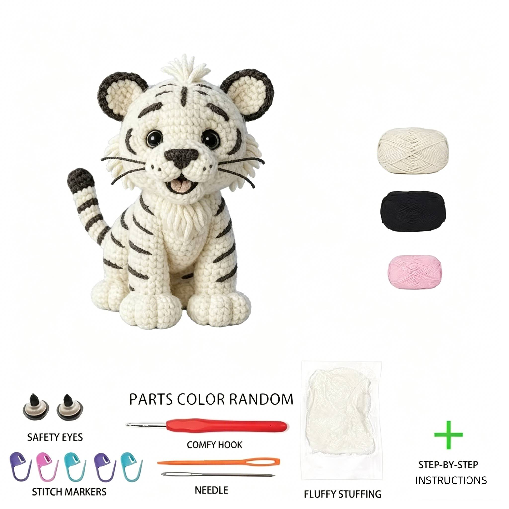 1pc Cute White Tiger Crochet Kit for Beginners, Complete Amigurumi Tiger Plush Doll Craft Set with All Materials, Yarn, Tools & Step-by-Step Instructions, Handmade Knitted White Tiger Cub, Perfect Gift for Kids, Animal Lovers, Home Decor