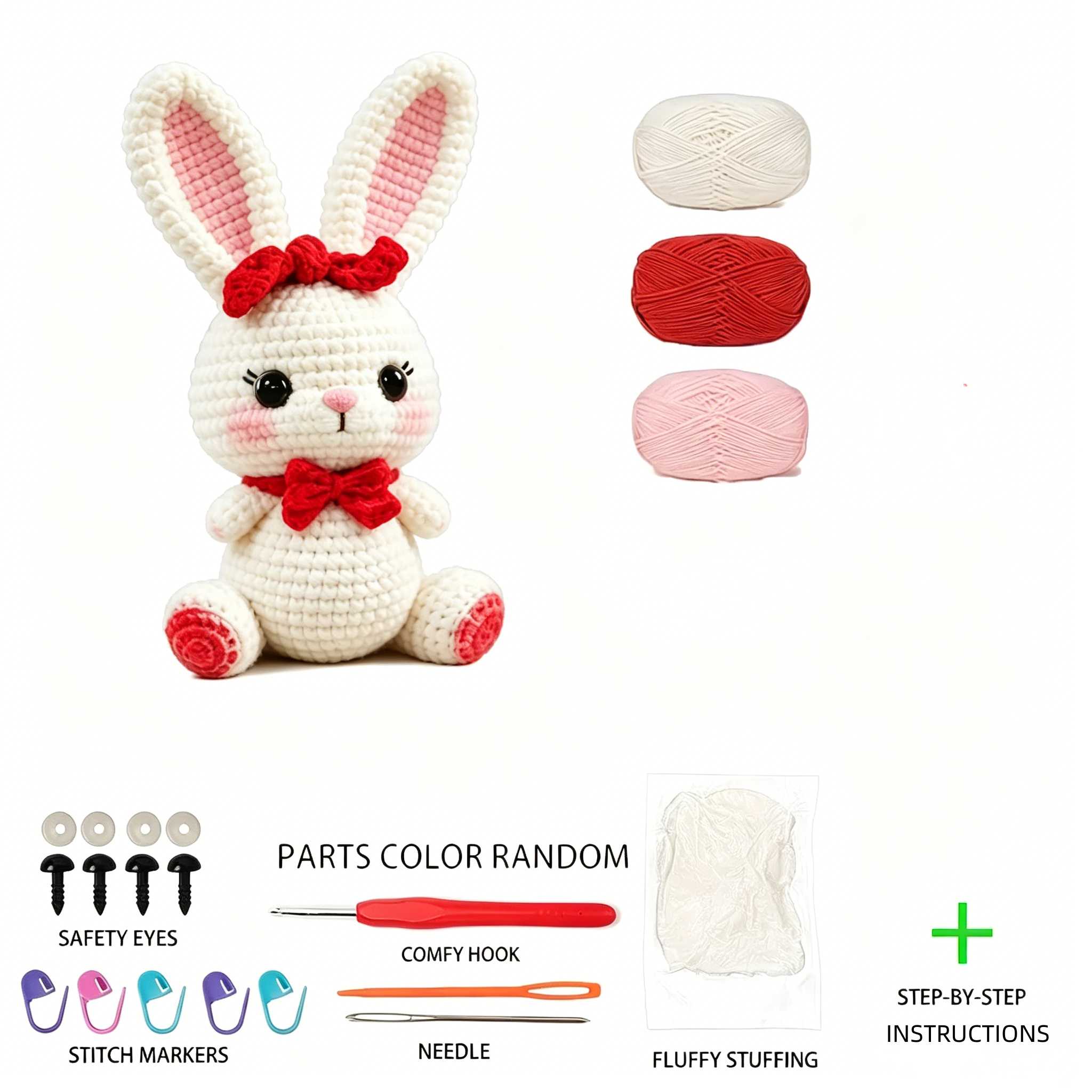 Red Bow Bunny Crochet Plush Kit for Beginners | DIY Amigurumi Stuffed Animal Set with Yarn, Hook & Step-by-Step Tutorial | Sweet Handmade Gift for Rabbit Lovers-Hookcrafted