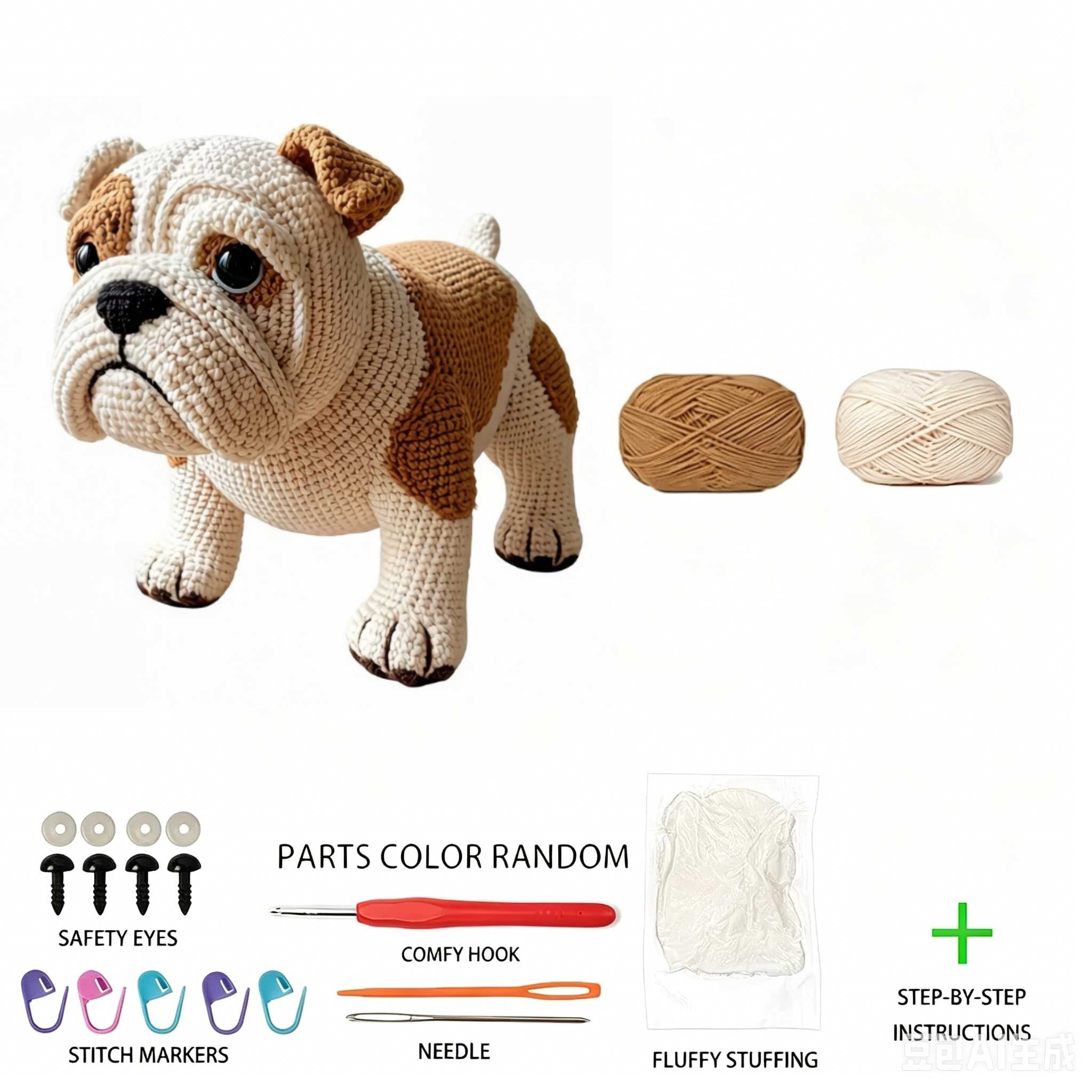 Bulldog Crochet Plush Kit for Beginners | DIY Amigurumi Stuffed Animal Set with Yarn, Hook & Step-by-Step Tutorial | Cute Handmade Gift for Dog Lovers-Hookcrafted