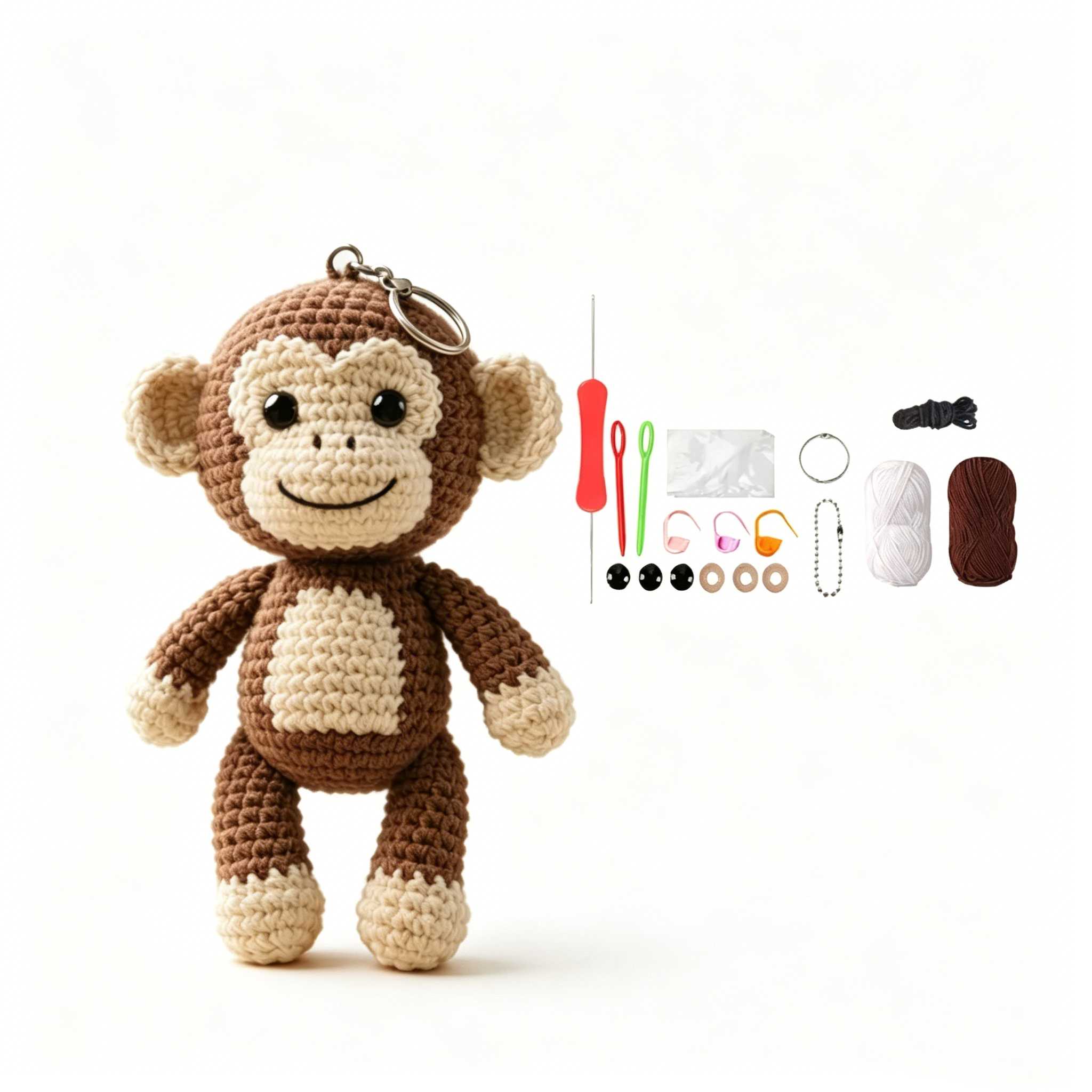 Cute Monkey Keychain Crochet Plush Kit for Beginners | DIY Amigurumi Stuffed Animal Set with Yarn, Hook & Step-by-Step Tutorial | Sweet Handmade Gift for Animal Lovers