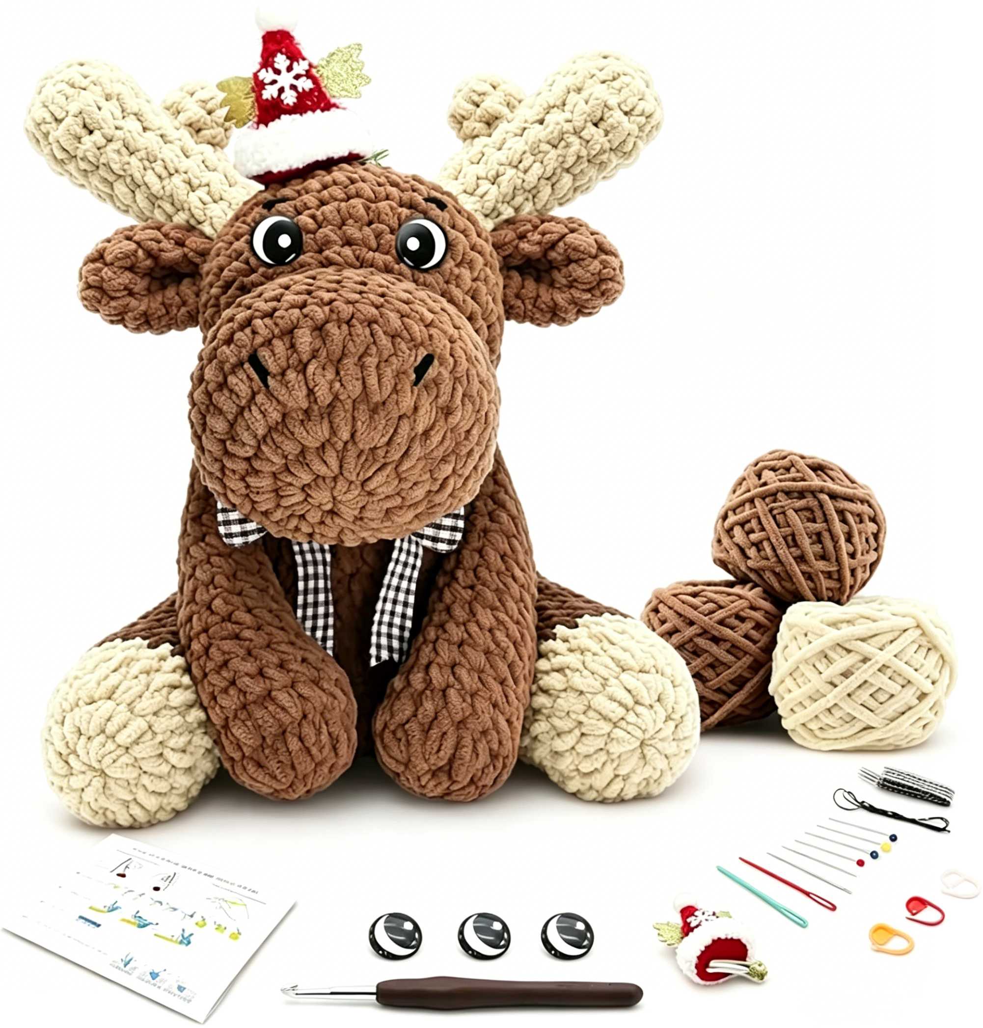 Christmas Reindeer Crochet Kit for Beginners | Large 11.8in Amigurumi DIY Set with Yarn, Hook & Step-by-Step Video Tutorials for Adults & Kids-Hookcrafted