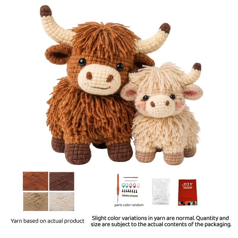 1pc Highland Cow Crochet Plush Kit for Beginners | DIY Amigurumi Stuffed Animal Set with Yarn, Hook & Step-by-Step Tutorial | Cozy Handmade Gift for Farm Lovers