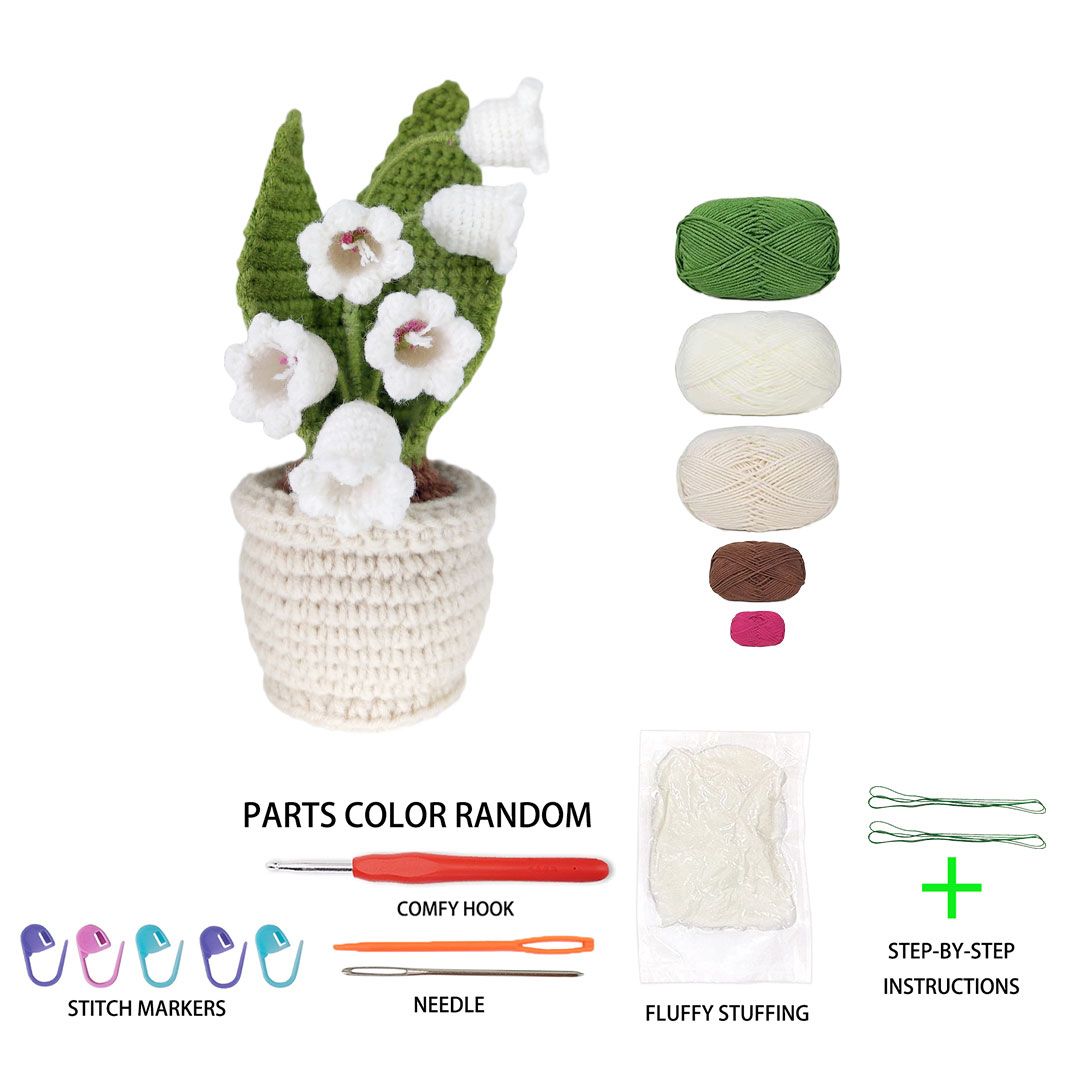 Beginner Friendly Lily of the Valley Crochet Kit, Potted Flower Amigurumi Crochet Starter Kit with Yarn, Hook, Needle & Accessories, Complete DIY Craft Set with Tutorial for Adults & Kids, Perfect Home Decor & Handmade Gift