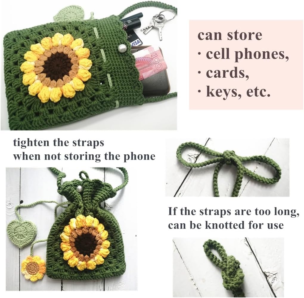 Handmade Crochet Sunflower Blossom Phone Bag Knitted Bag for Women, A-mint green